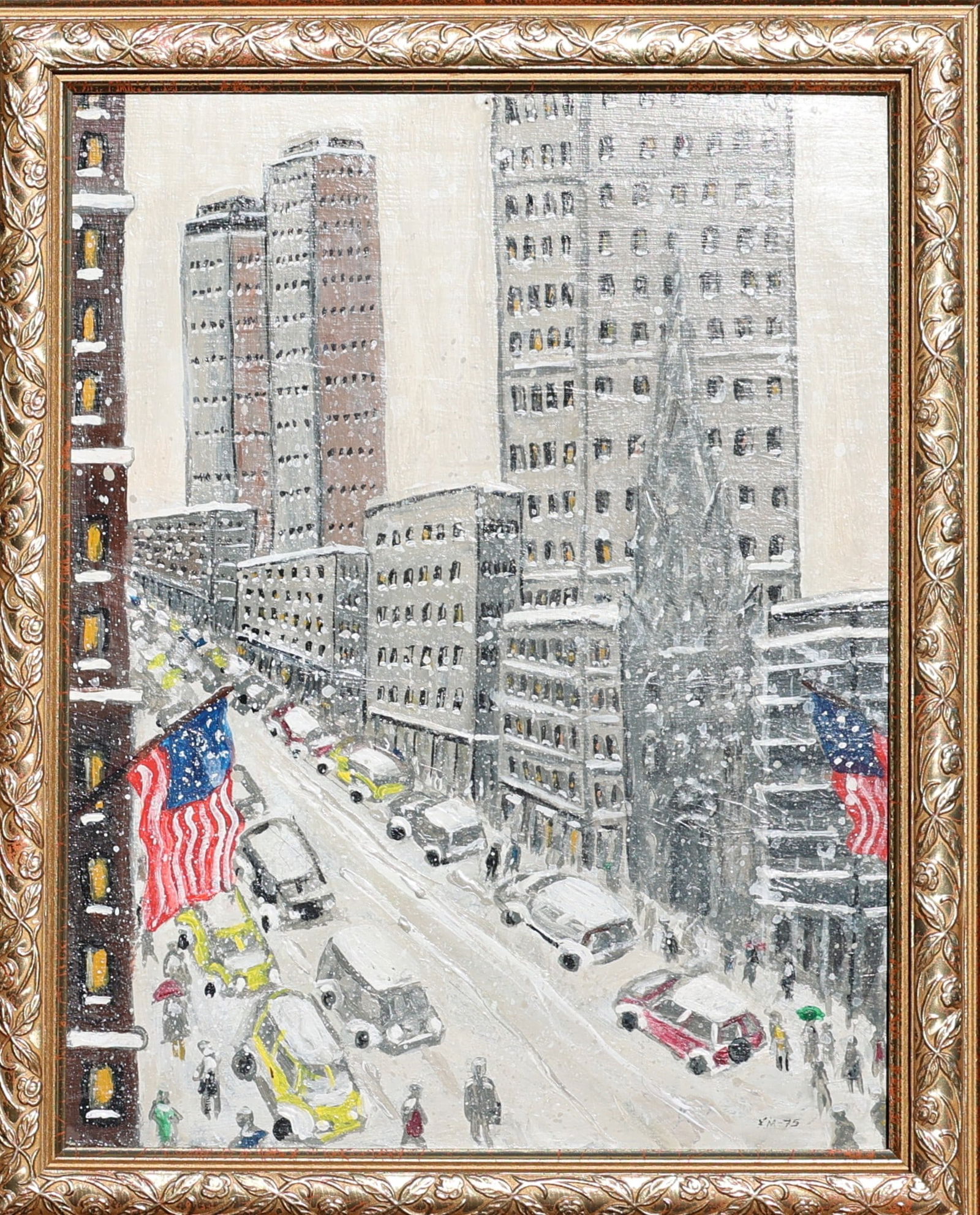 Vintage Oil on Board Painting Style of Guy Wiggins, Winter at 57th St and Fifth Avenue Signed VM '75 (1 of 5)