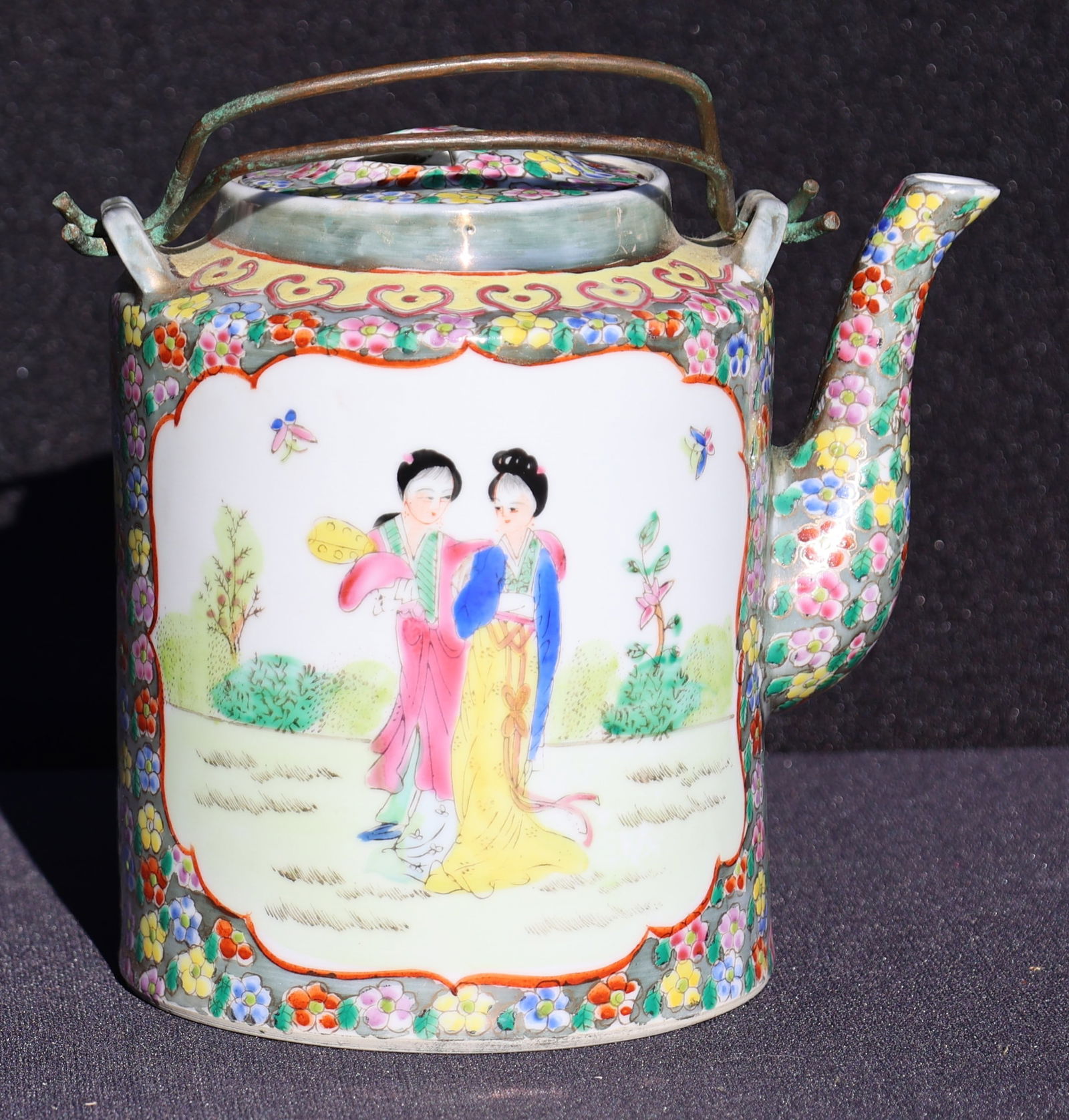 Chinese export porcelain teapot, likely from the 19th century, in the Rose Mandarin pattern. (1 of 8)