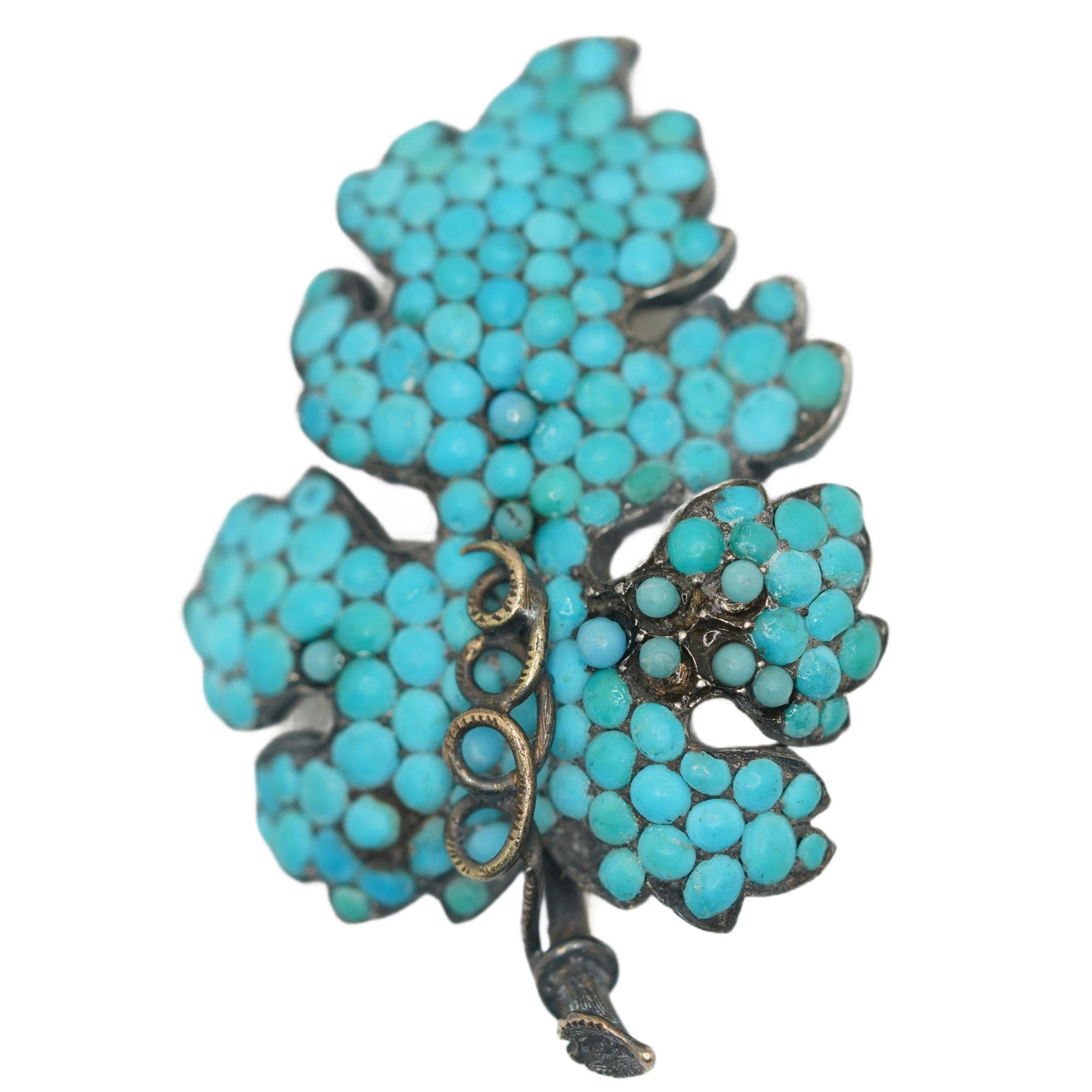 14K Gold 1880-1920 Early Victorian Leaf Pin w/ Turq. Stones, 6.27 dwt Total Weight (1 of 8)