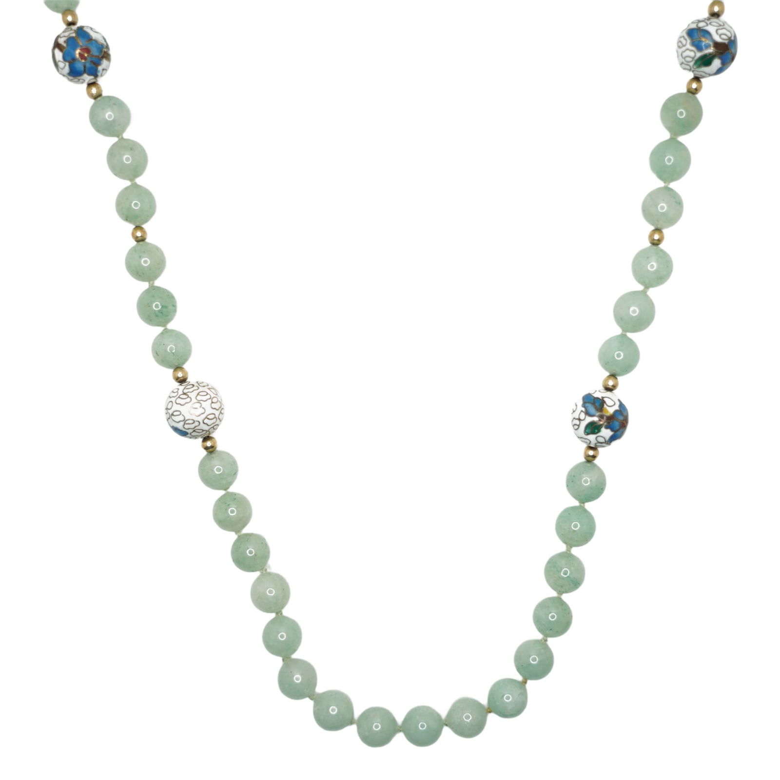 14K Beads Cloissone Beads & Jade Necklace: 32 x 5/8