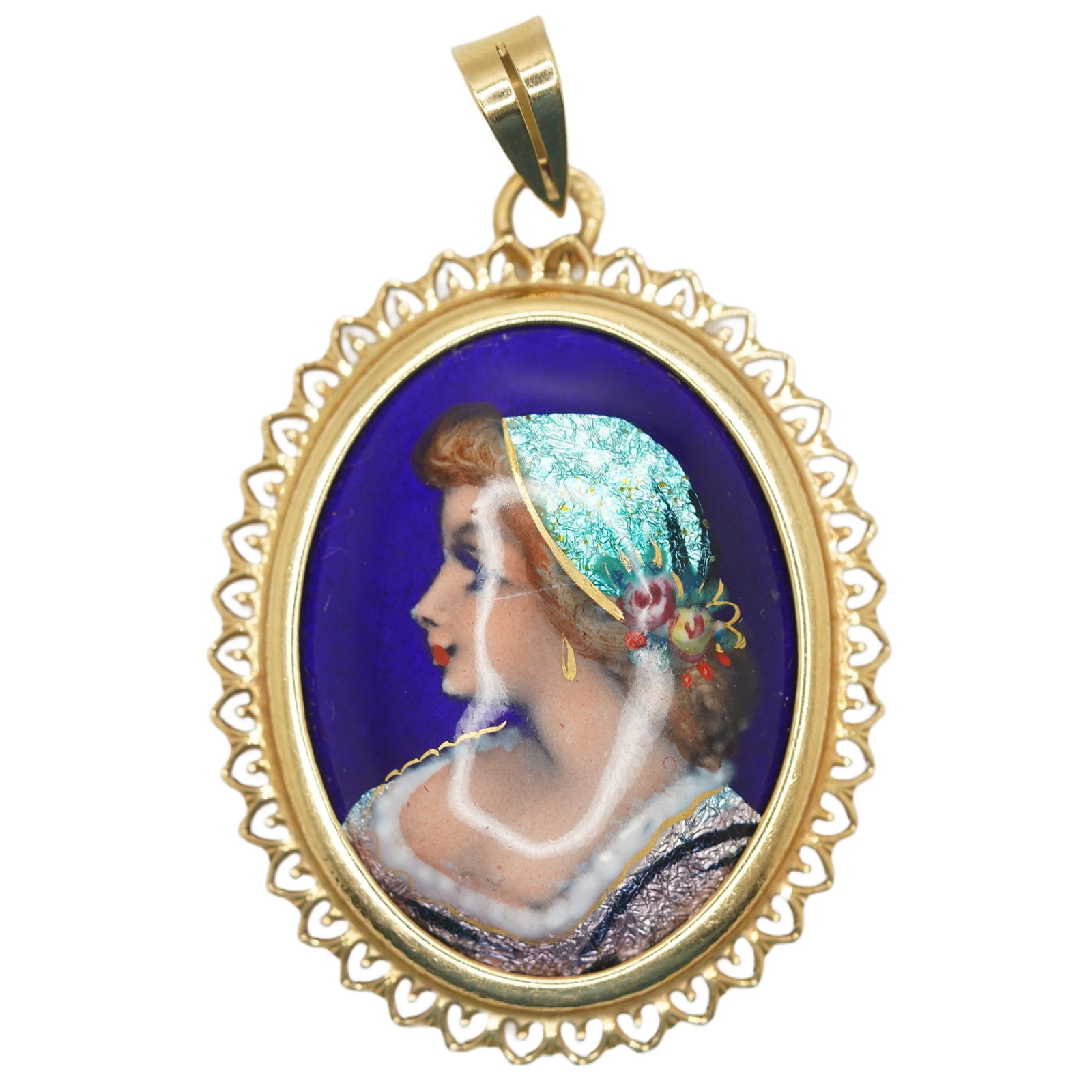 1860-80s 14k Blue Enameled Pendant w/ Hand Painted Maiden with Opal Foil 2.13 dwt Total Weight: 1 1/2 x 1