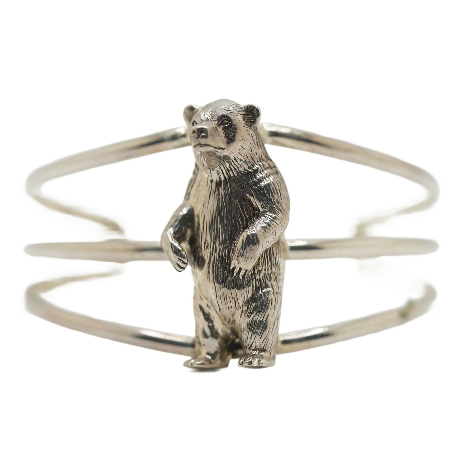 Sterling Silver Cuff Bracelet w. Standing Bear Figure, 29.27 Grams (1 of 9)
