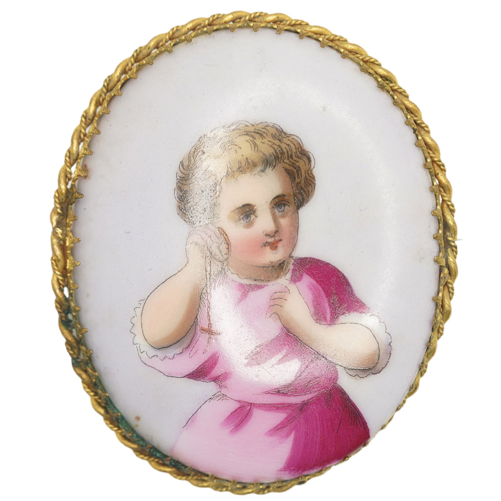 Brass Frame Hand Painted Child w/ Pocket Watch Listening, Late 1800s? (1 of 11)