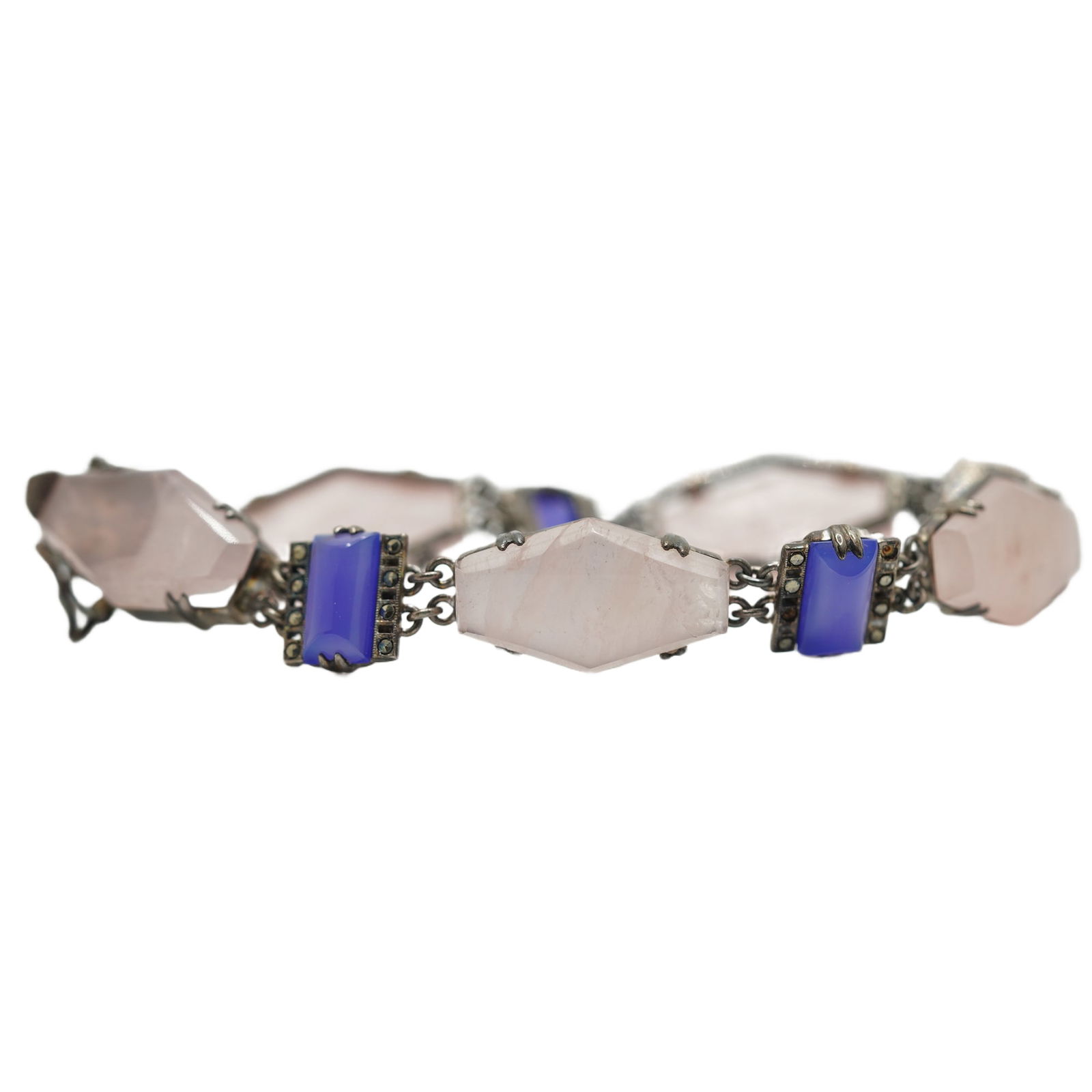 Sterling Rose Quartz Amethyst and Marcasites Victorian Bracelet [some Marcasites Missing] (1 of 11)