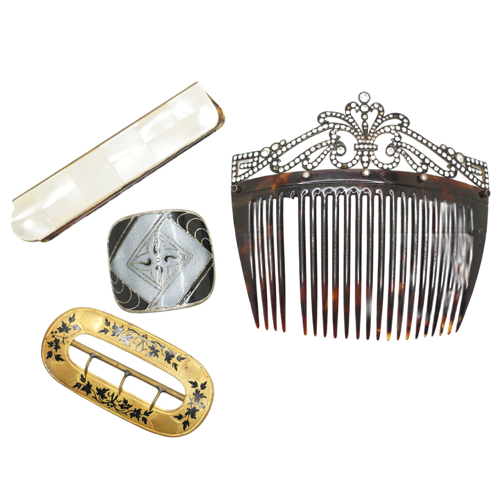 4 Assorted Celluloid Victorian Comb w/ Rhinestones [Missing Tooth] 4 1/4 in. x 4 1/2 in.; Victorian (1 of 15)