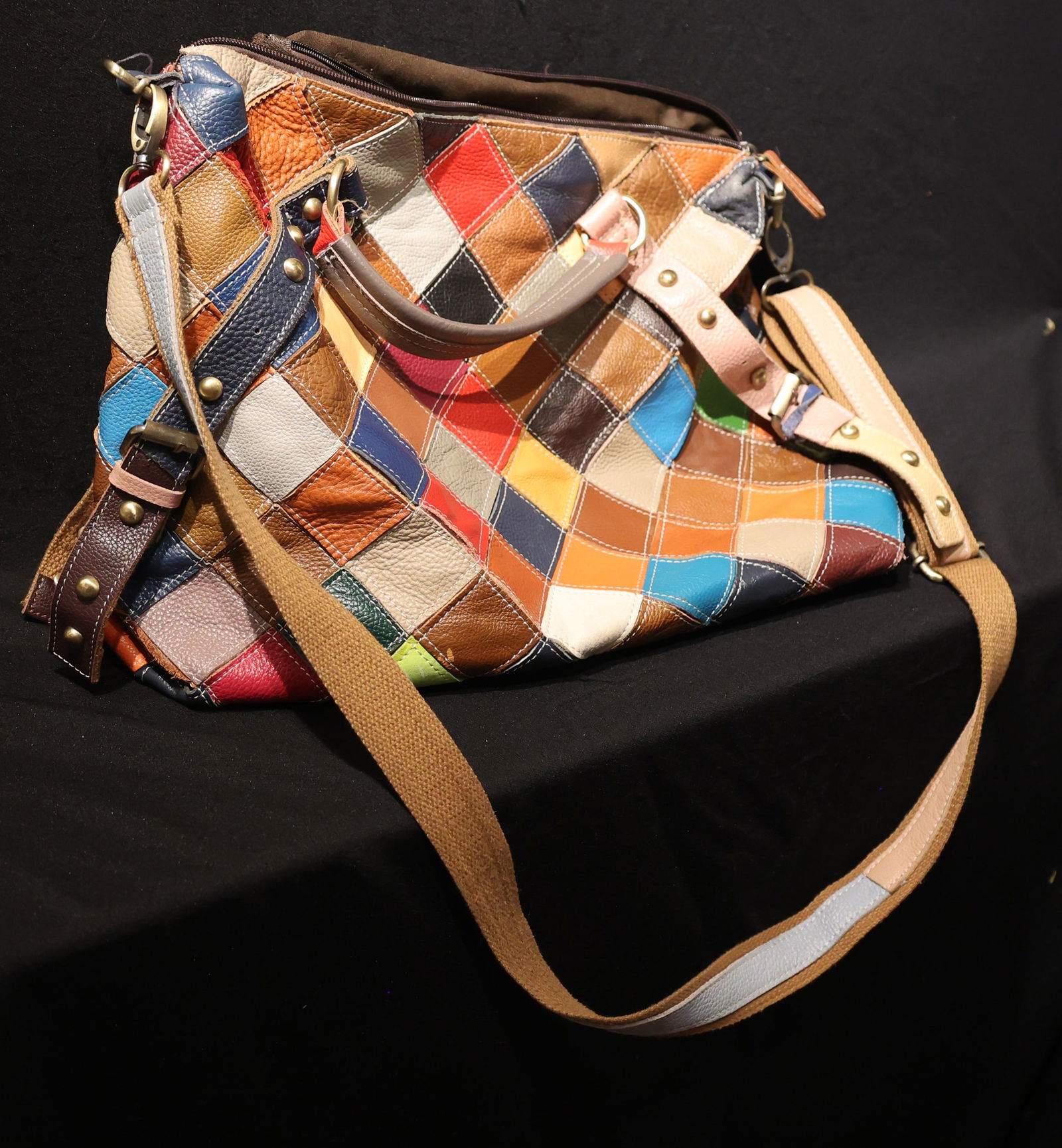 Quality Vintage Folky Colorful Leather Patchwork Large Handbag / Shoulder Bag - Clean (1 of 4)