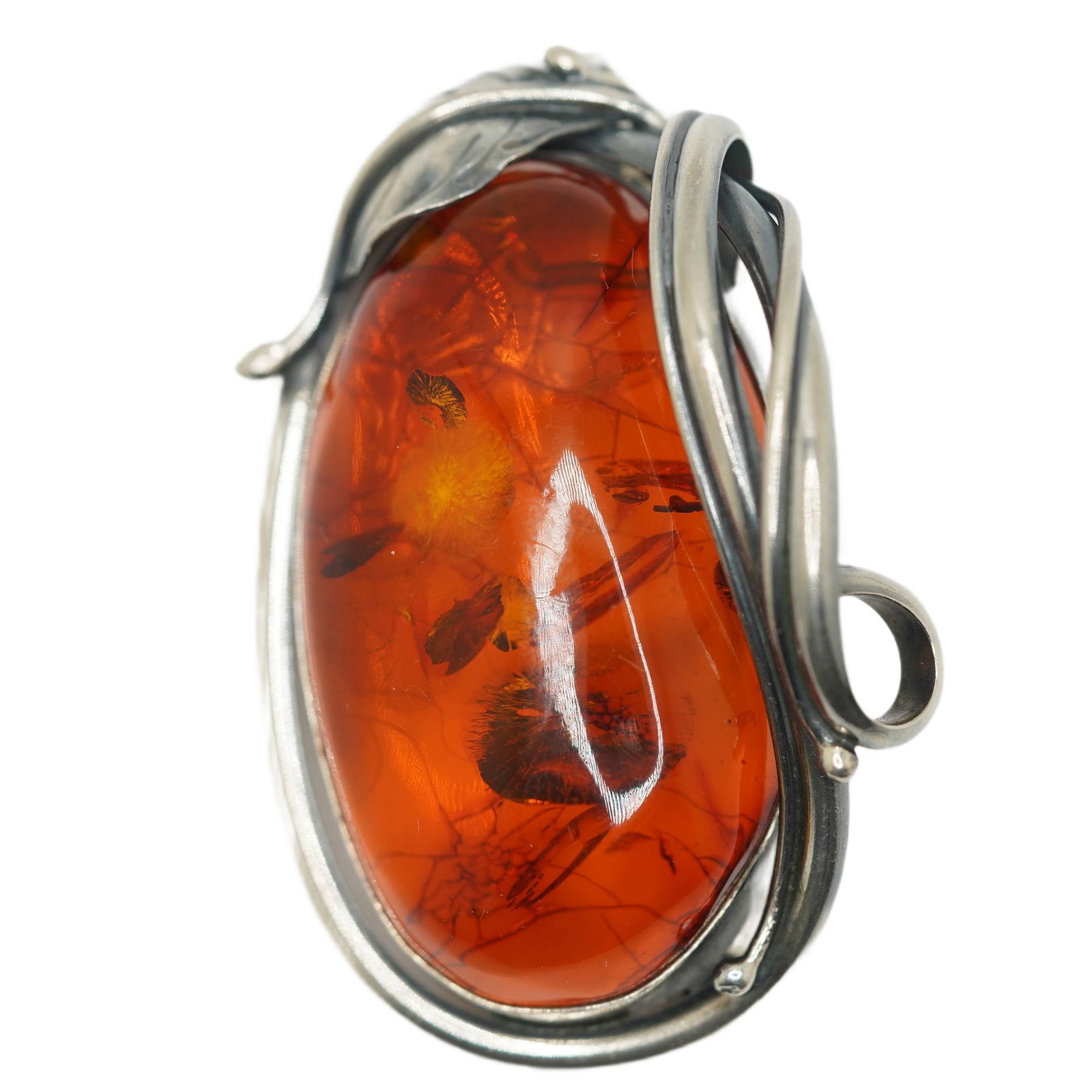M-Sterling Leaf & Vine Frame Large Amber Stone Pin; Weighs 18.83 Grams Total Weight (1 of 9)