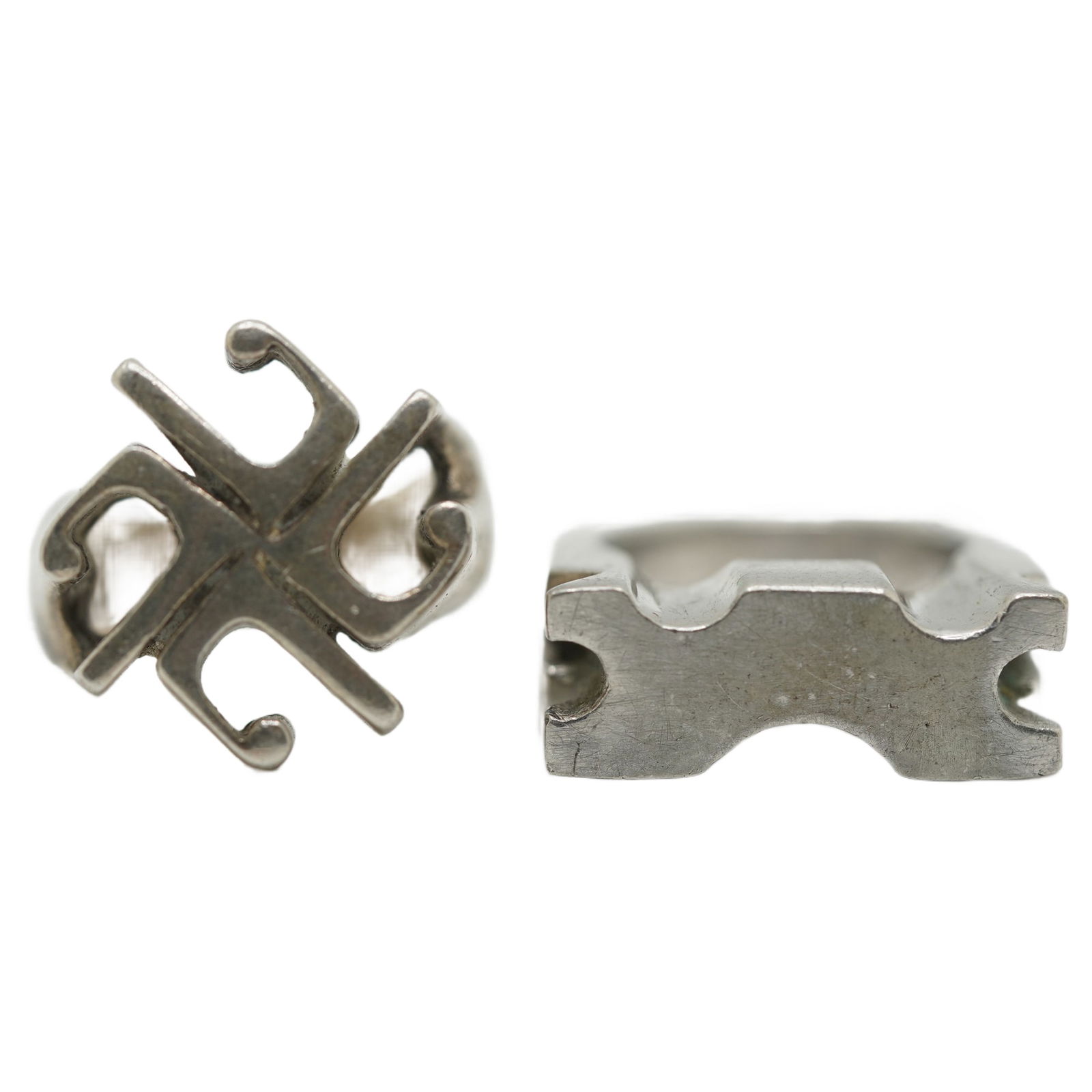 2 MCM Heavy Well Made Rings - Modernist - See Pictures, 32.85 Grams: Size 7, 3/4 x 3/4 ("L Design Ring"), Size 6.5, 7/8 x 3/8 (Chain Link Design Ring)