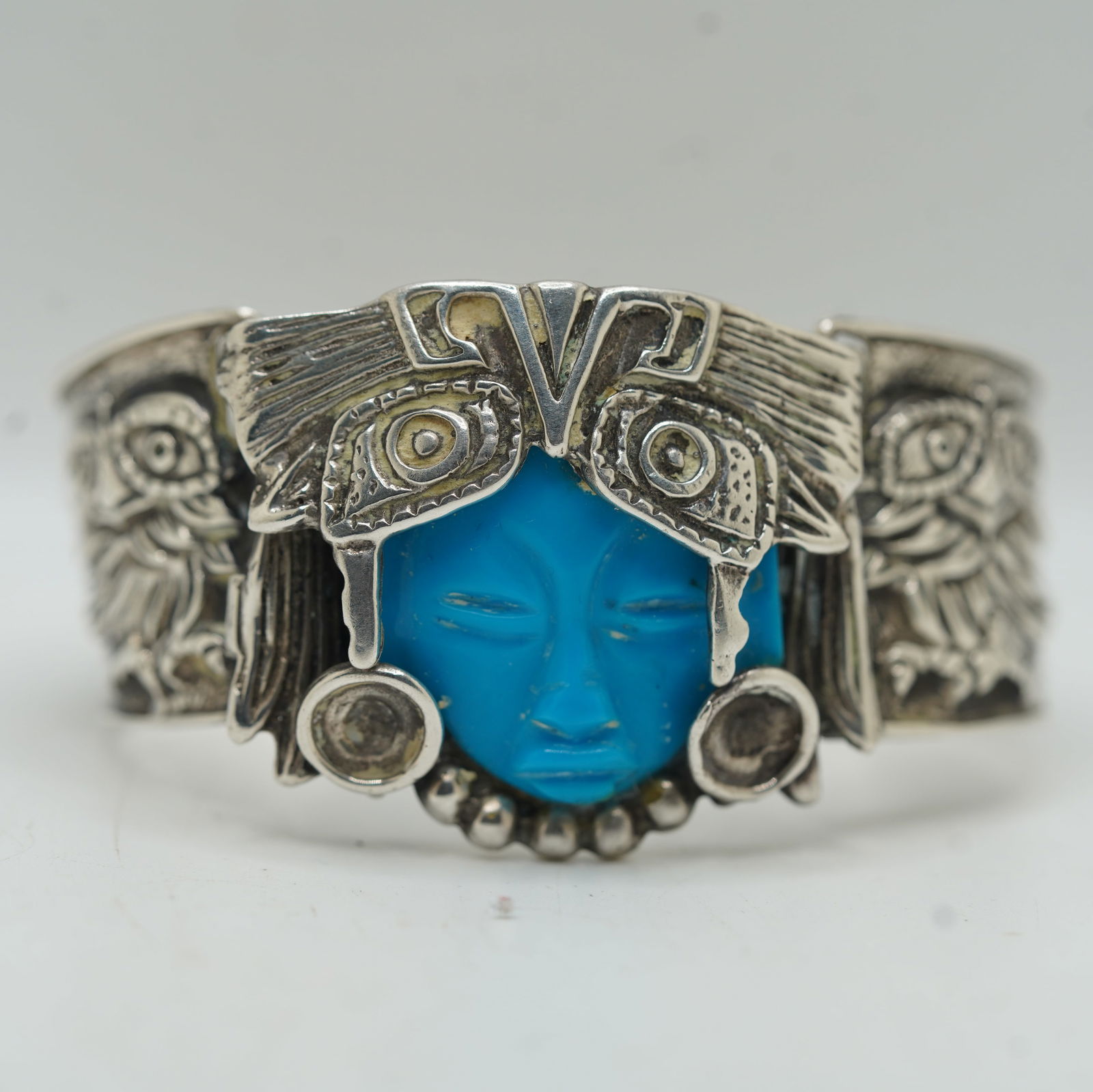 M-925 Native Sterling Silver Bangle TD-35 Mexico Hand Engraved w/ Symbols Feathers, Eyes Face (1 of 12)