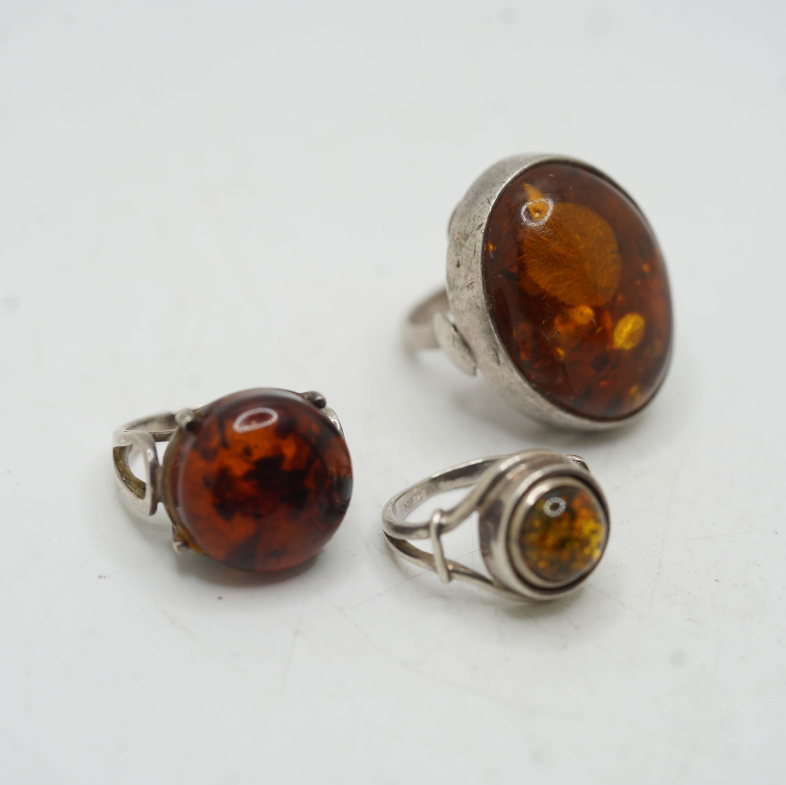 3 Assorted Sterling Silver Amber Rings, 26.66 Gtrams Total Weight (1 of 15)