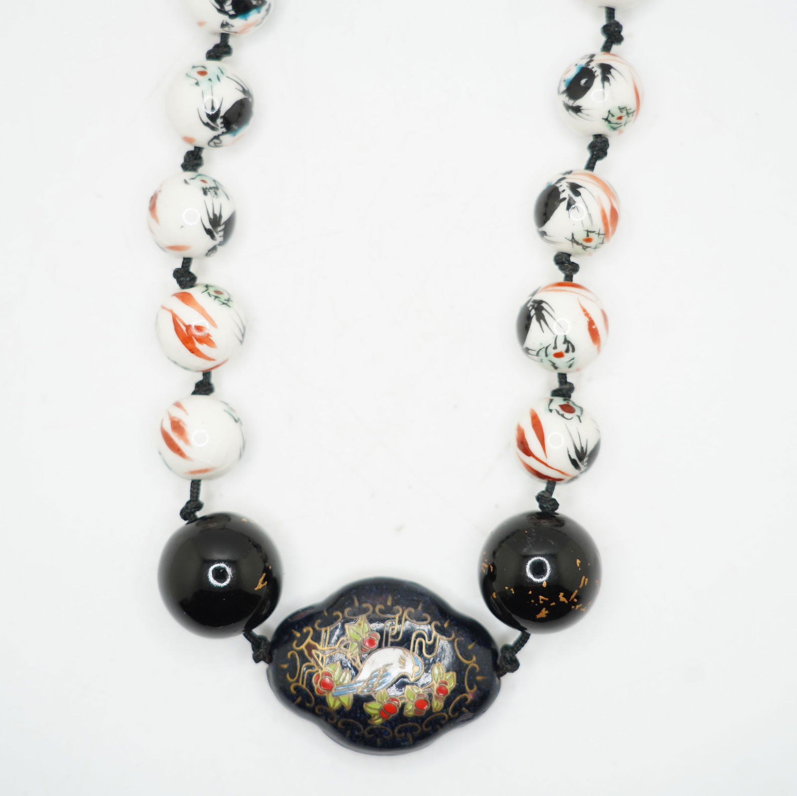 Early Chinese Glass Beads Hand Painted w/ Cloisonne Pendant Necklace: 33 x 1 1/2 x 1 1/4