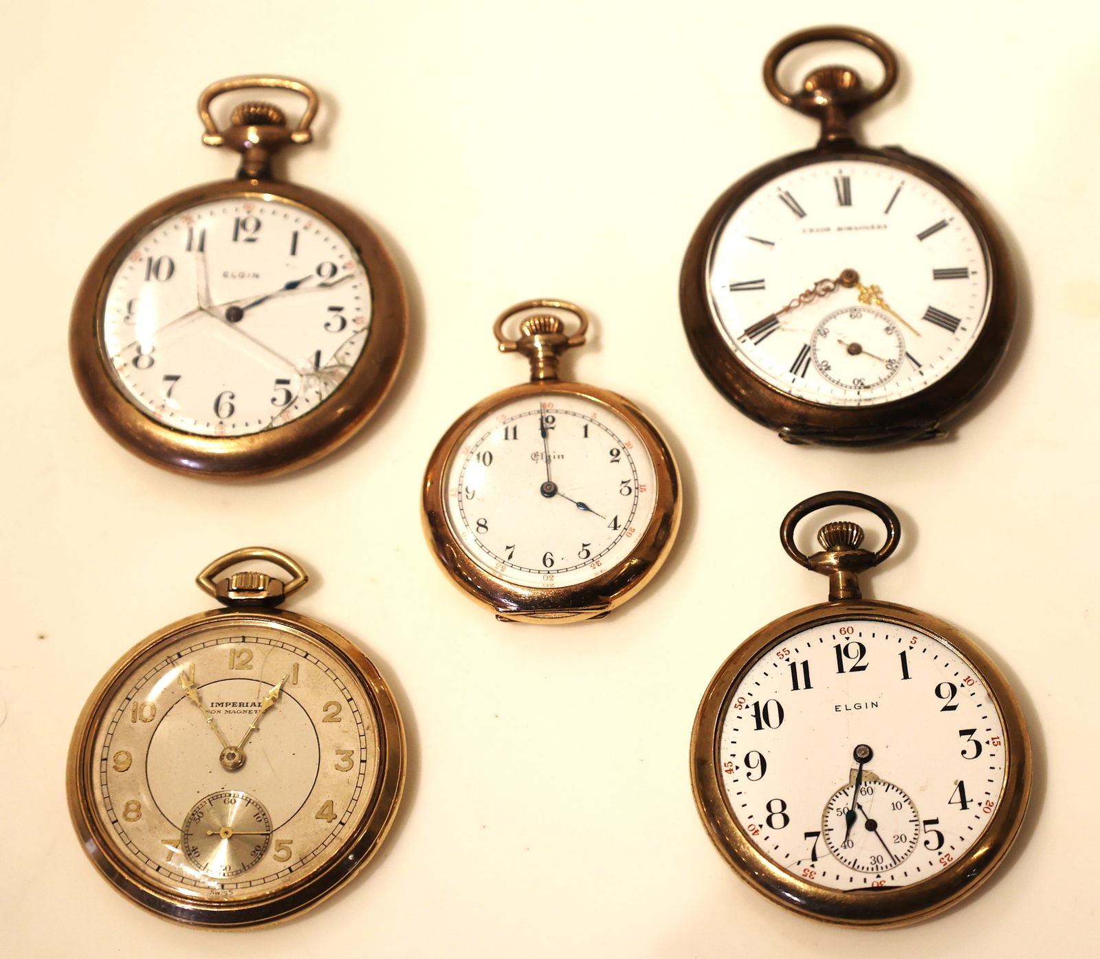 5 Assorted Vintage Gold Filled Pocket Watches - [3] Elgin. Union Horlogere, Imperial (1 of 3)