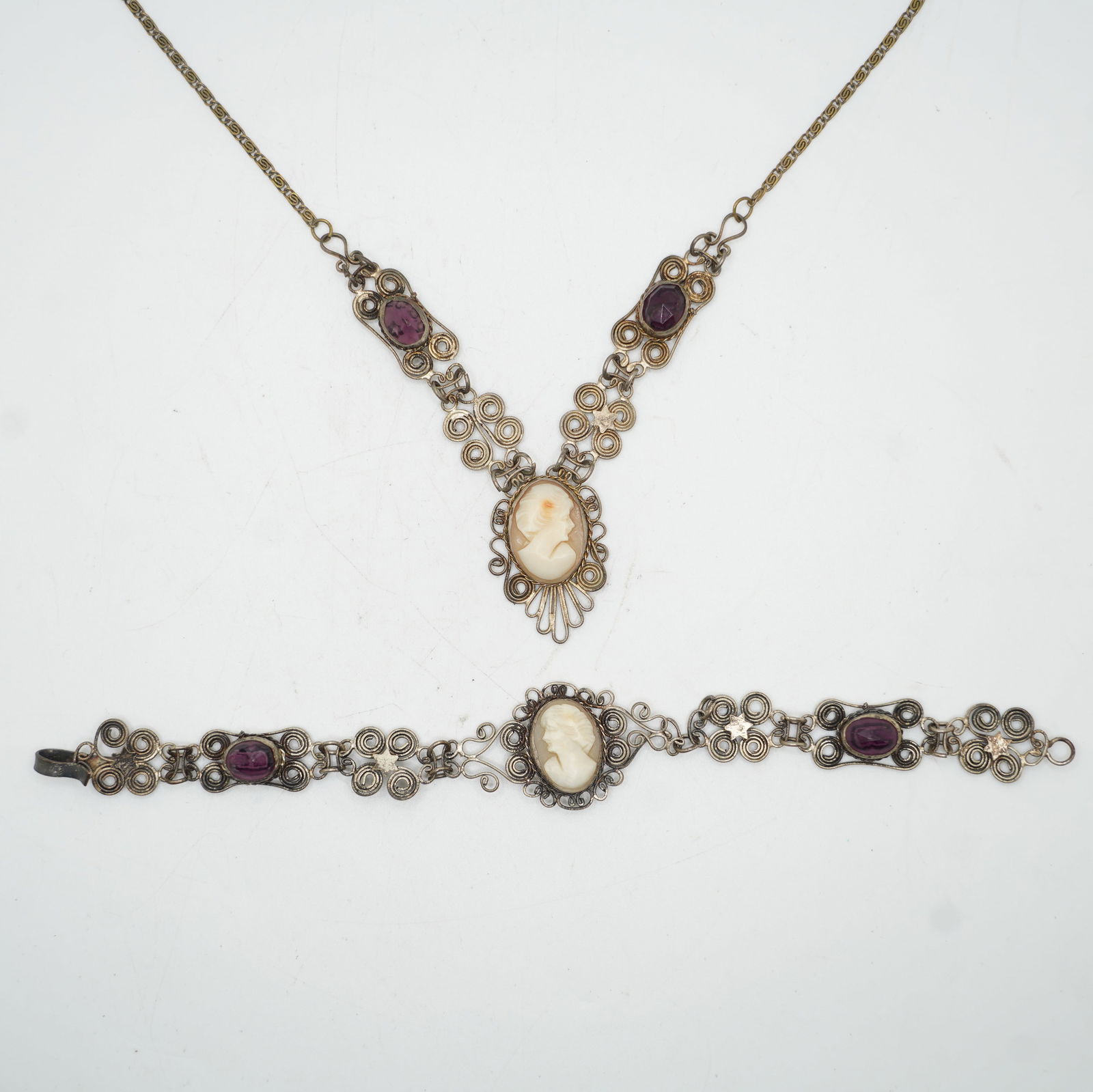 2pc Silver Alloy Metal Filigree Necklace / Bracelet w/ Cameos and Mine Cut Stones (1 of 10)