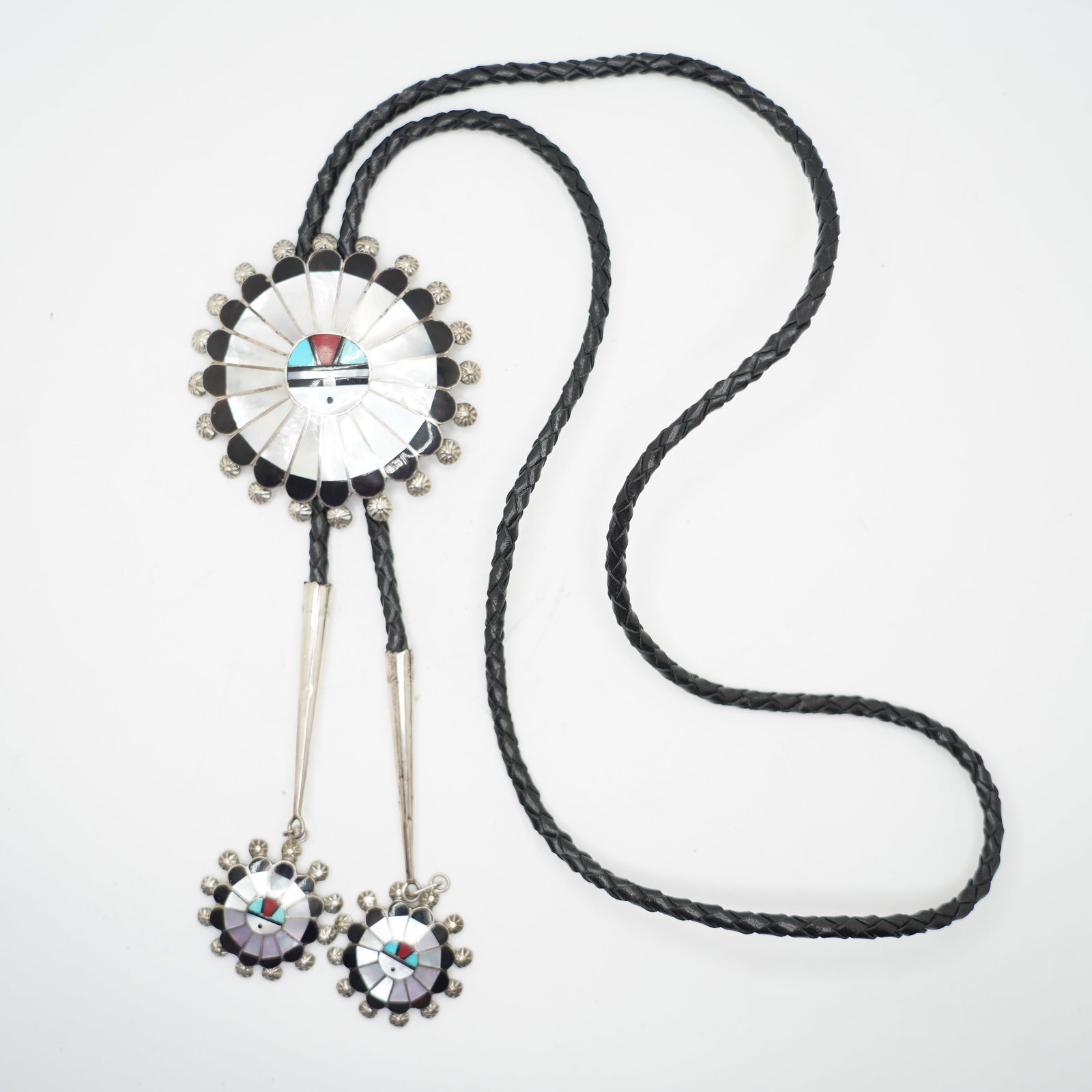 Sterling Silver Medallion Bolo Tie on Cord Chain: 42 x 2 1/2 x 1 1/4