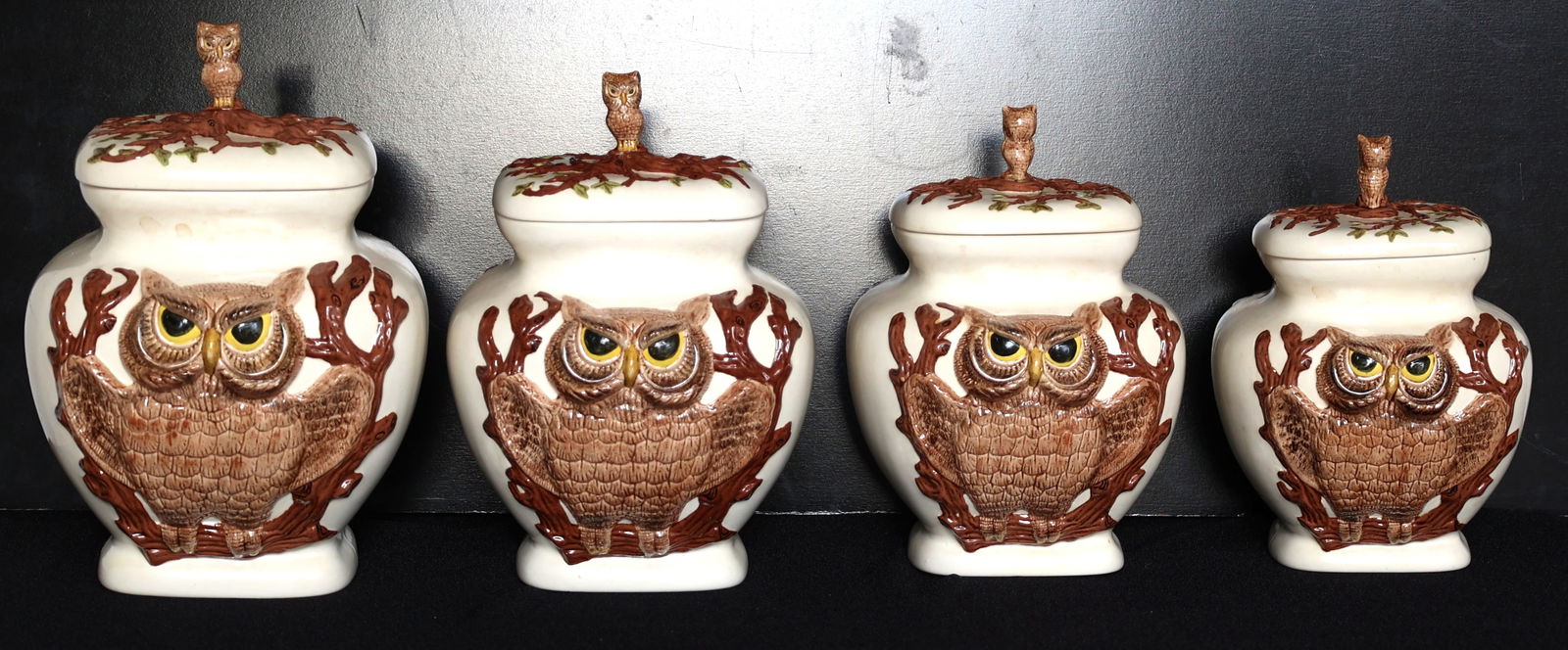 Vintage 4 Piece Ceramic OWL Canister Set in Graduating Sizes 12 in., 11 in., 10 in., and 9.5 in. (1 of 4)