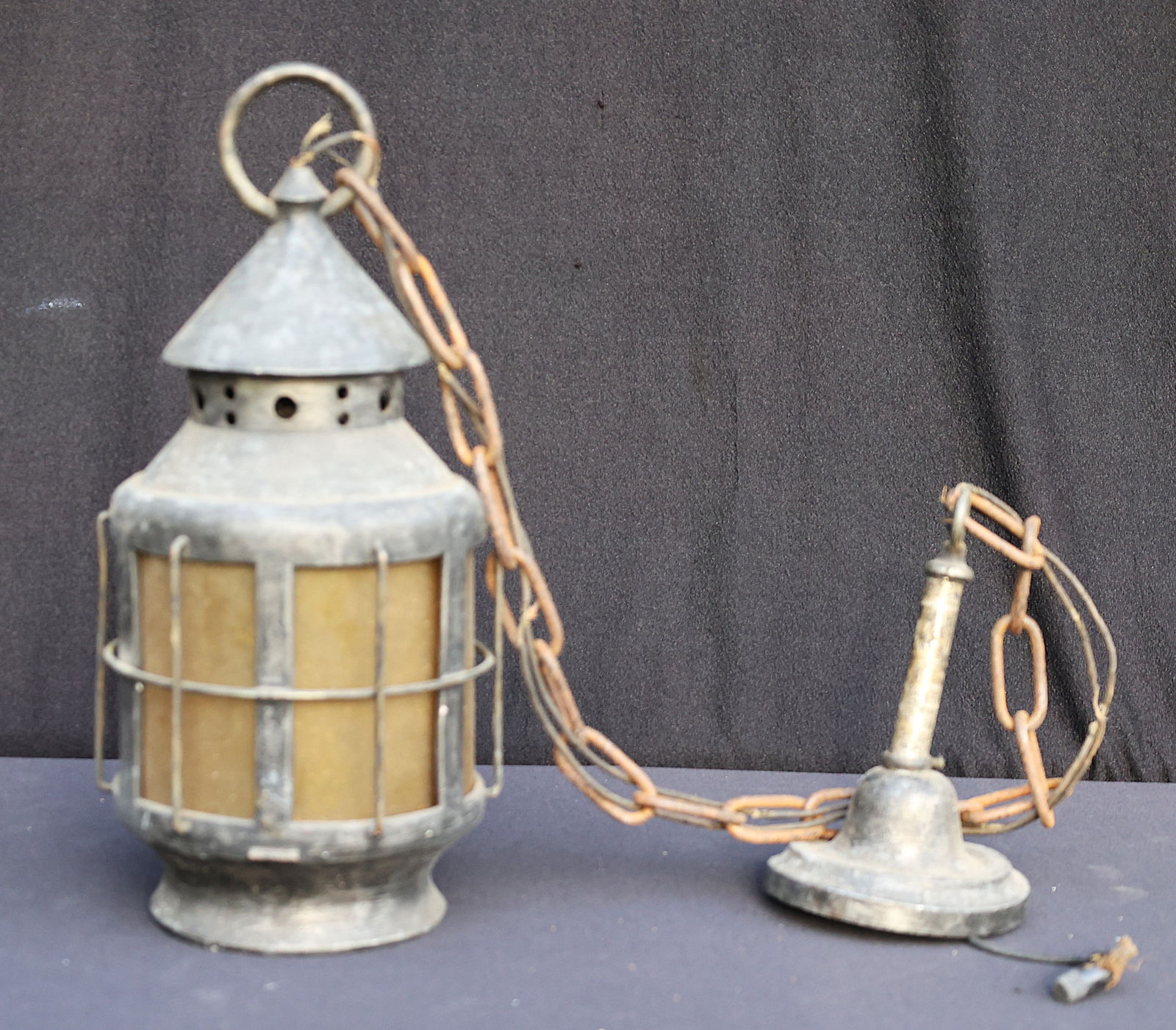 Vintage Arts and Crafts Metal Hanging Hall Fixture With Amber Glass Inner Panel: Vintage Arts and Crafts Metal Hanging Hall Fixture With Amber Glass Inner Panel. 14.5 in. height x 6 in. wide; hangs with chain 48 inches