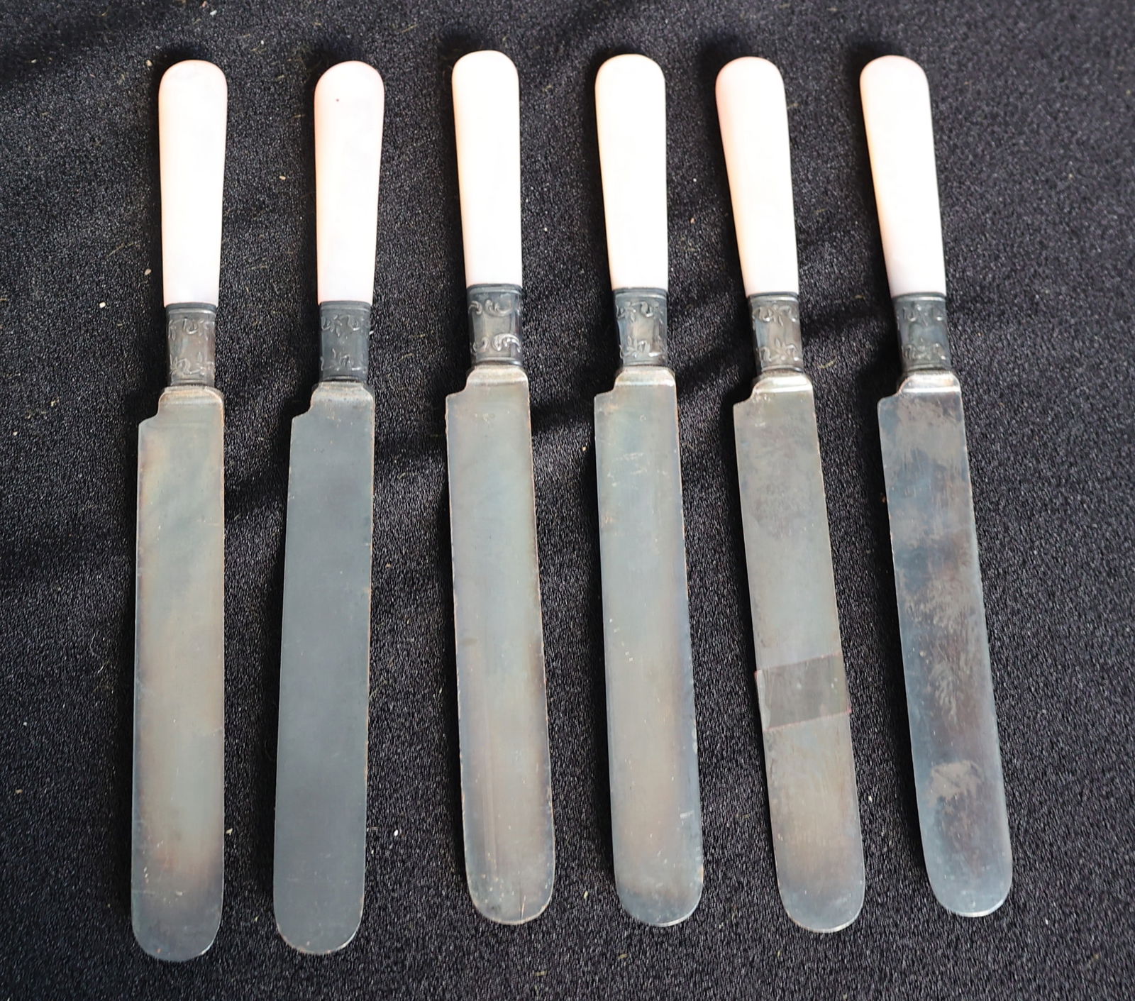 Set 6 Antique MOP Handles Dinner Knives with Sterling Silver Bands 8 in. length x 3/4 in. wide (1 of 3)