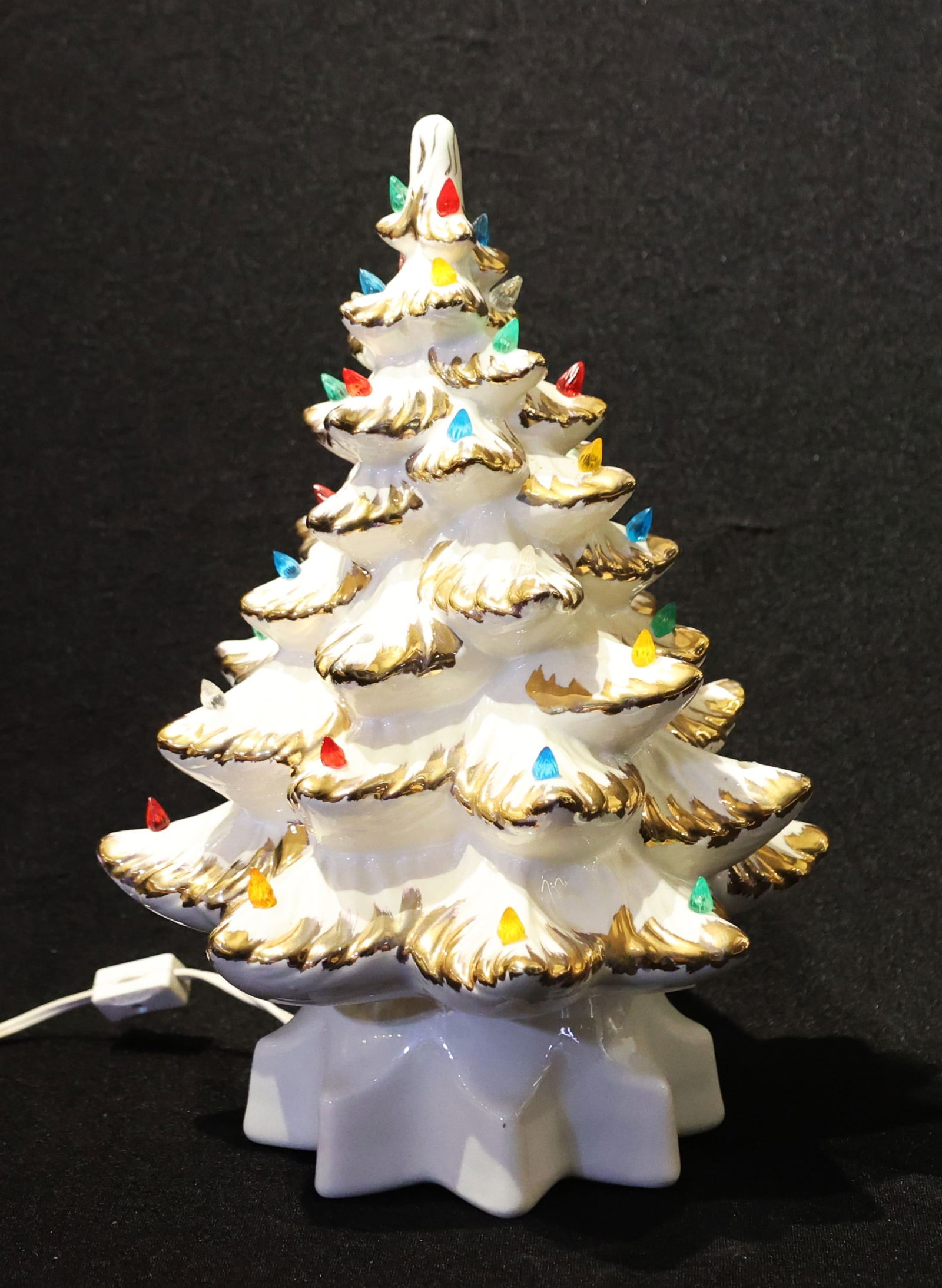 Vintage White Ceramic Light-Up Table Top Christmas Tree, 2-Part, 13 1/2 in. Height x 9 in. Wide (1 of 4)