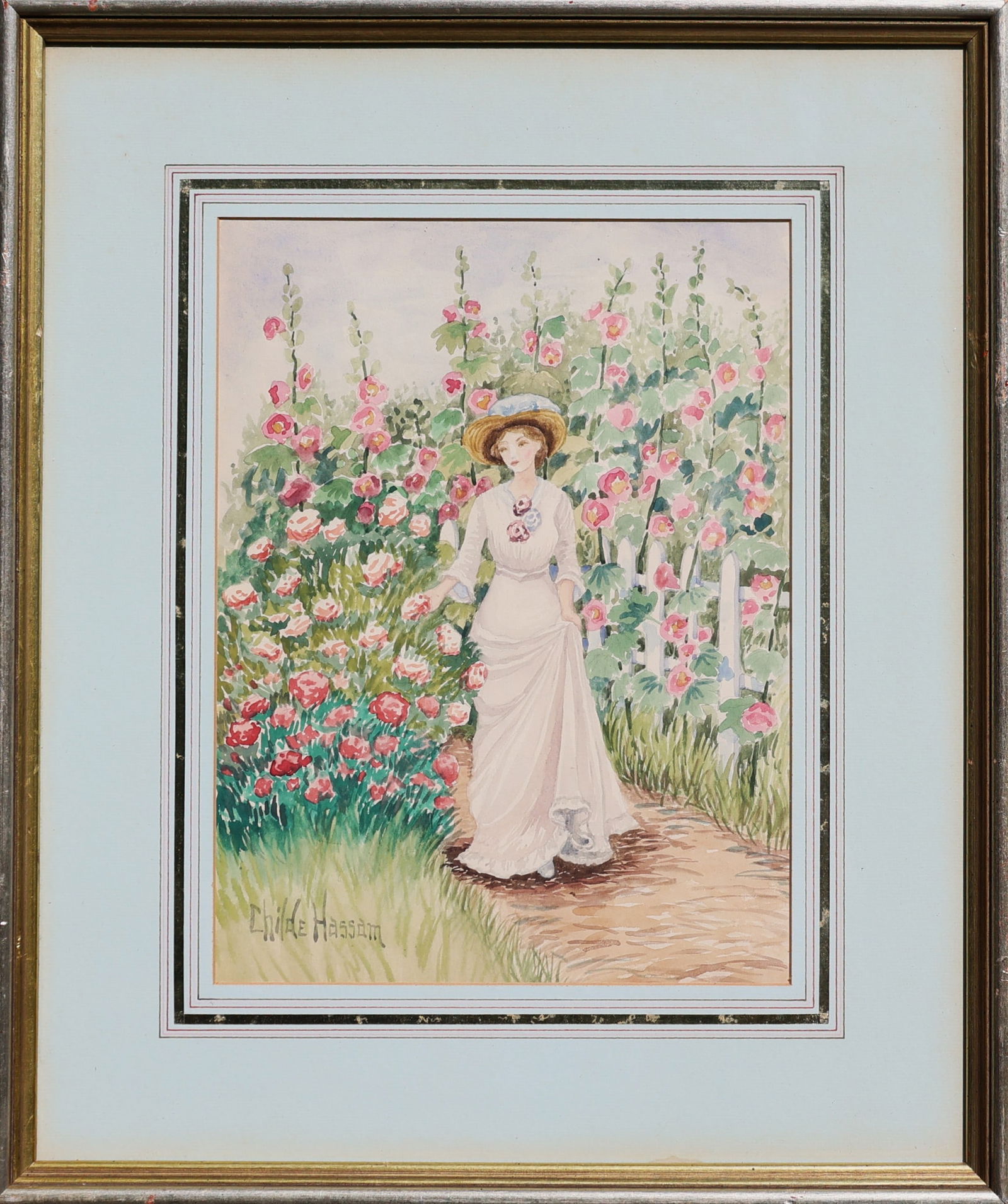 Childe (Frederick) Hassam (1859 - 1935) American, Watercolor Painting, Woman at Garden Setting (1 of 6)