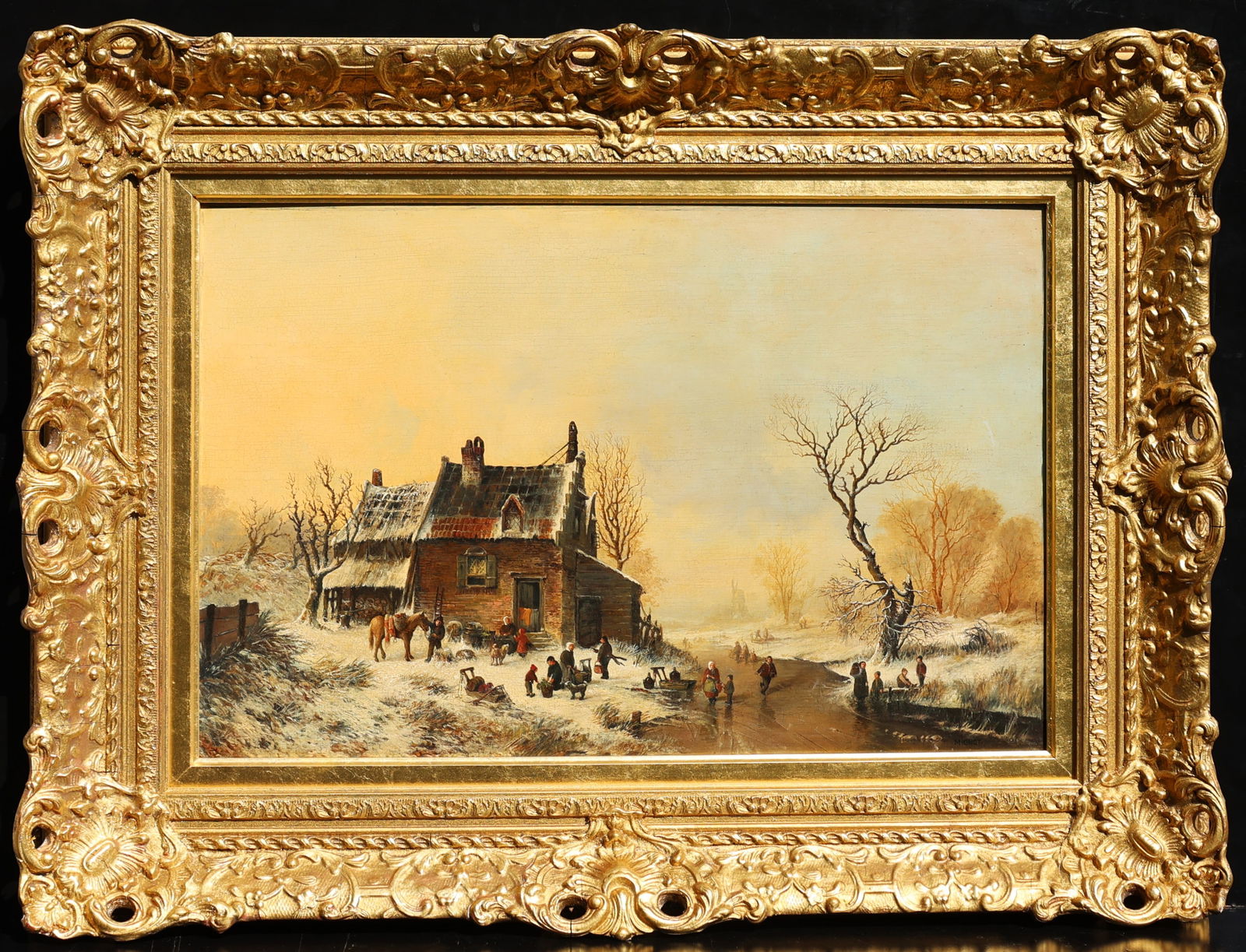 Louis Remy Mignot (1831 - 1870) New York, South Carolina, OIl Painting on Board Winter With Figures: Louis Remy Mignot (1831 - 1870) New York, South Carolina, OIl Painting on Board Winter With Figures busy outside the homestead. Signed Lower Right: MIGNOT, Framed. Size: image 22.25 in. x 14.5 i., out