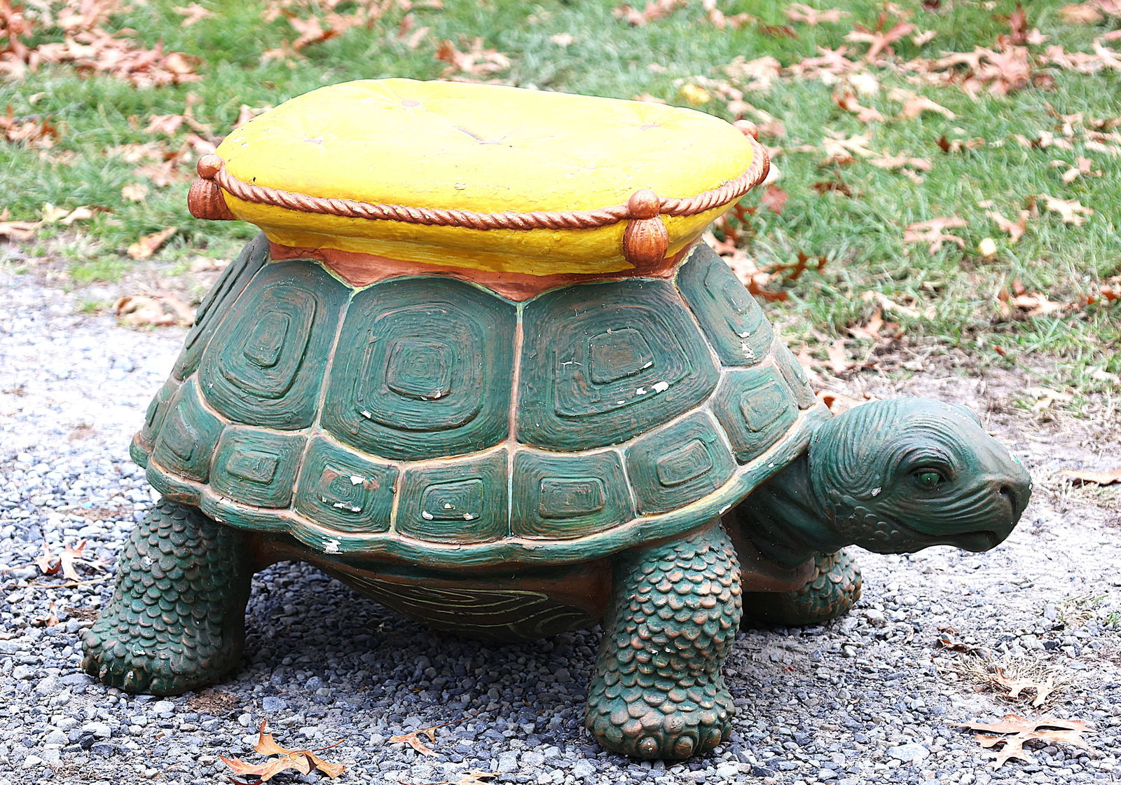 Vintage Outdoor TURTLE GARDEN SEAT in Cast Ceramic Composition 16.5 in. height x 27 in. length: Vintage Outdoor TURTLE GARDEN SEAT in Cast Ceramic Composition 16.5 in. height x 27 in. length x 16 in. wide. Original Green and Yellow Paint Finish.