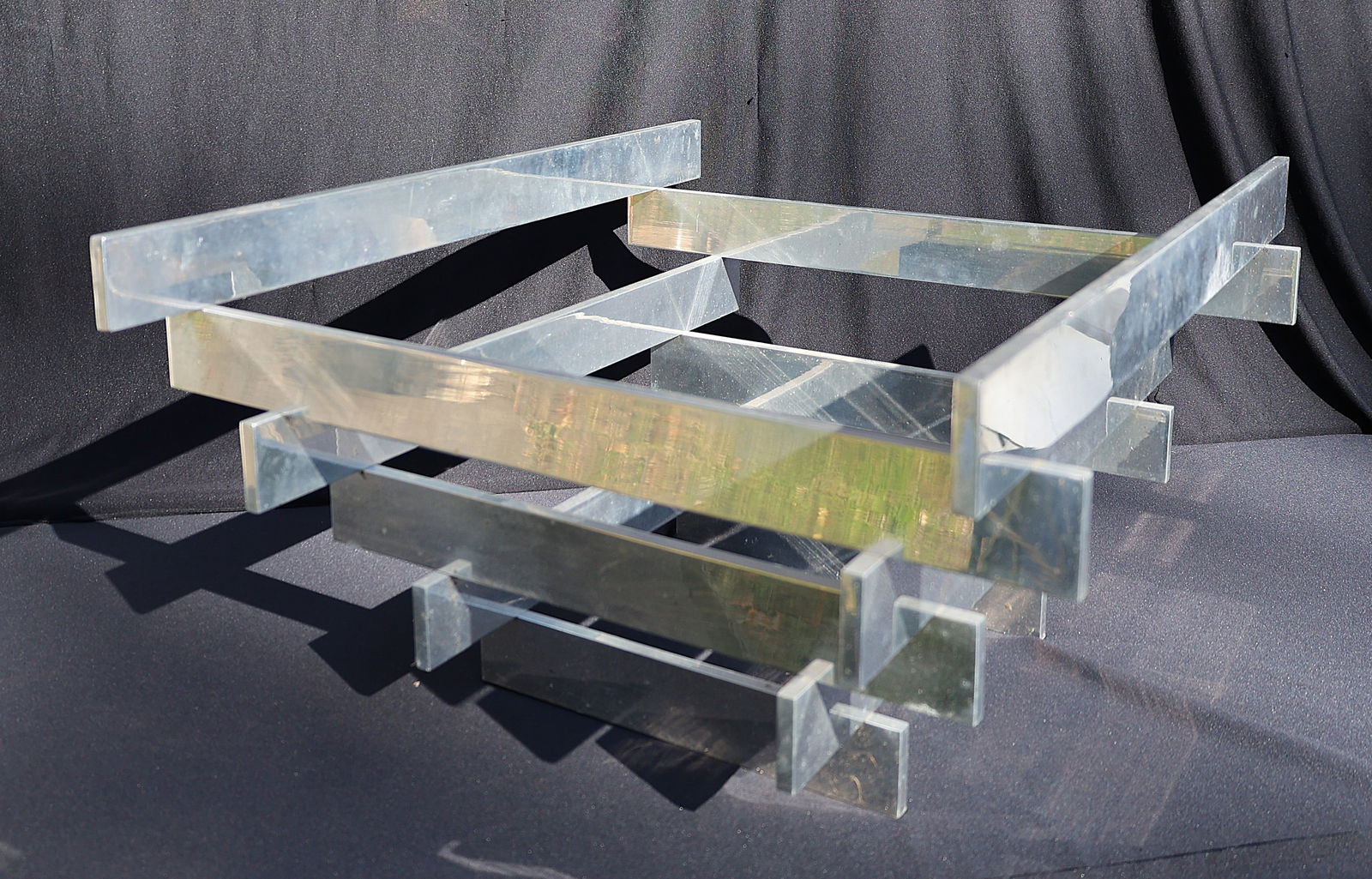 Paul Mayen Inverted Pyramid Cocktail Table Base Polished Aluminum Bars Construction: Paul Mayen Inverted Pyramid Cocktail Table Base Polished Aluminum Bars Construction. Base Only, No Glass Top. Size: 15 1/4 in. height; 30 in. x 26 in. top and 14 in. x 12 in. bottom base. Very Good Co