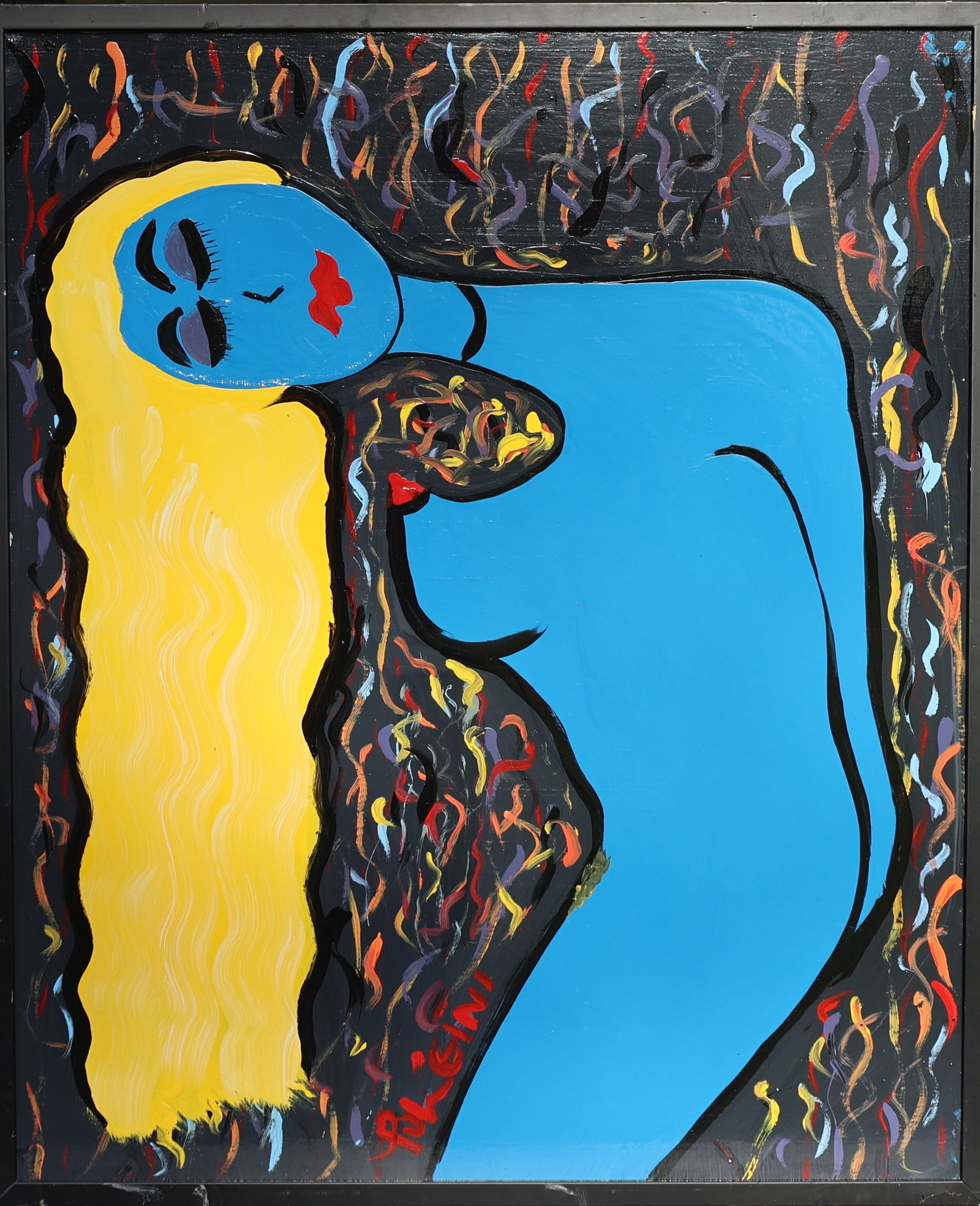 Thomas Pulgini, American, Pop-Art Abstract Oil on Board Painting Blue Woman; Signed: Thomas Pulgini, American, Pop-Art Abstract Oil on Board Painting Blue Woman; Signed, Framed. Well Listed American Artist. size: image 29.5 in. x 35.5 in. ; outer frame 31 in. x 37 in. ; ASKart: Thomas