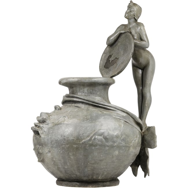 Emmanuel Villanis (1858 - 1914) France, Signed Heavy Pewter Metal Art Nouveau Nude Figural Pot: Emmanuel Villanis (1858 - 1914) France, Signed Heavy Pewter Metal Art Nouveau Nude Figural Pot Sculpture, Signed E VILLANIS, Original Patina. Large Size: 22 inches height x 17 inches wide ; Emmanuel V