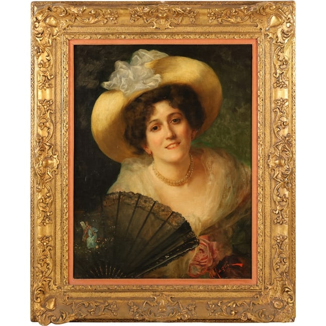 Giuseppe Magni (1869 - 1956) Italy, Oil on Canvas Painting Portrait of a Woman Wearing a Hat (1 of 8)