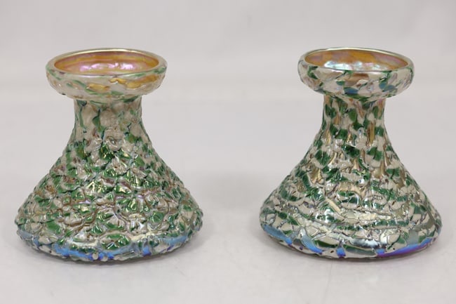 Pair of Durand Art Glass Moorish Iridescent Textured Crackle Glass Candleholders (1 of 10)