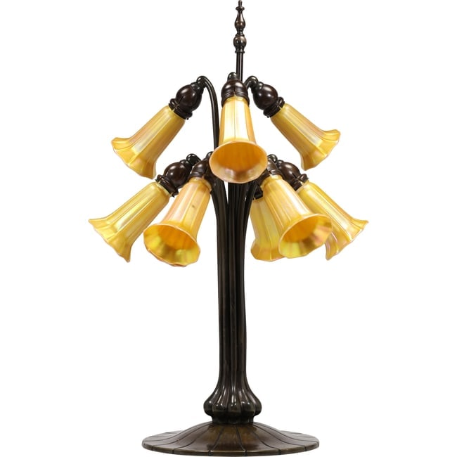 Signed QUEZEL 9 Light Art Glass Lily Lamp on Bronze Base, All 9 Tulip Shades Are Signed (1 of 15)