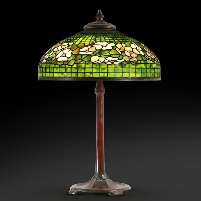 TIFFANY STUDIOS NEW YORK Leaded Glass DOGWOOD Banded Table Lamp Signed Shade and Base (1 of 15)