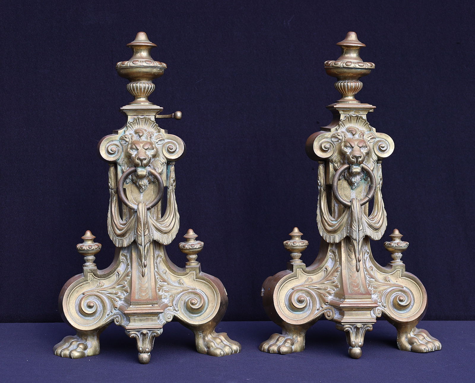 19th C. Bronze Fireplace Chenets with Lions Head, Ring and Drape Victorian Renaissance (1 of 6)