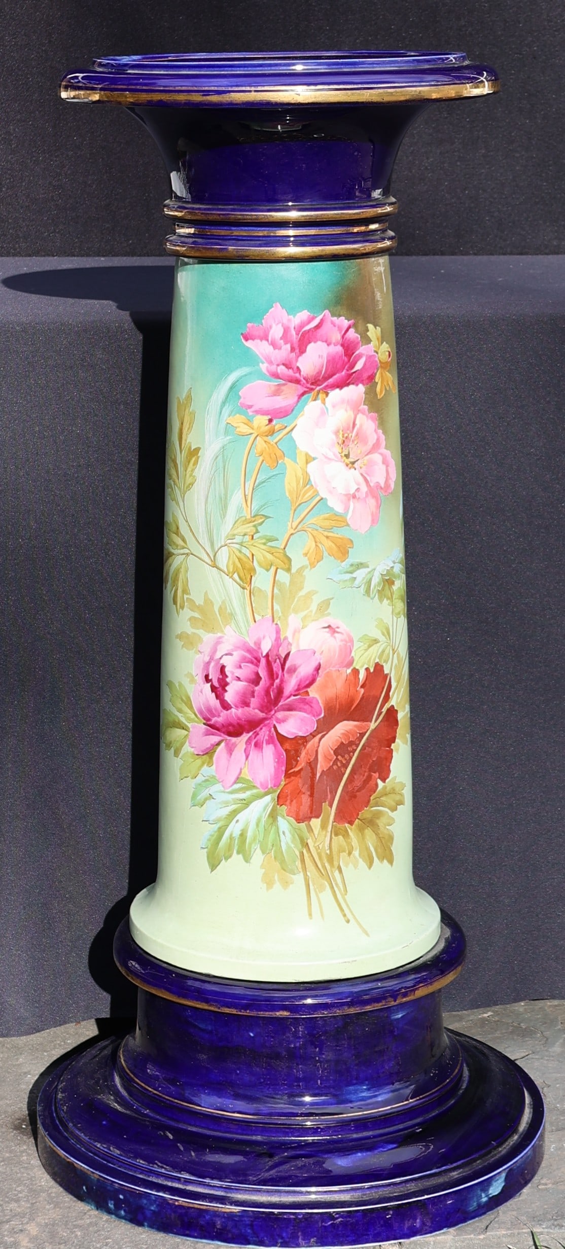 19th C. Porcelain Pedestal Fern Stand with Flowers Center Column, Cobalt Top & Base 38.5 in. height (1 of 6)