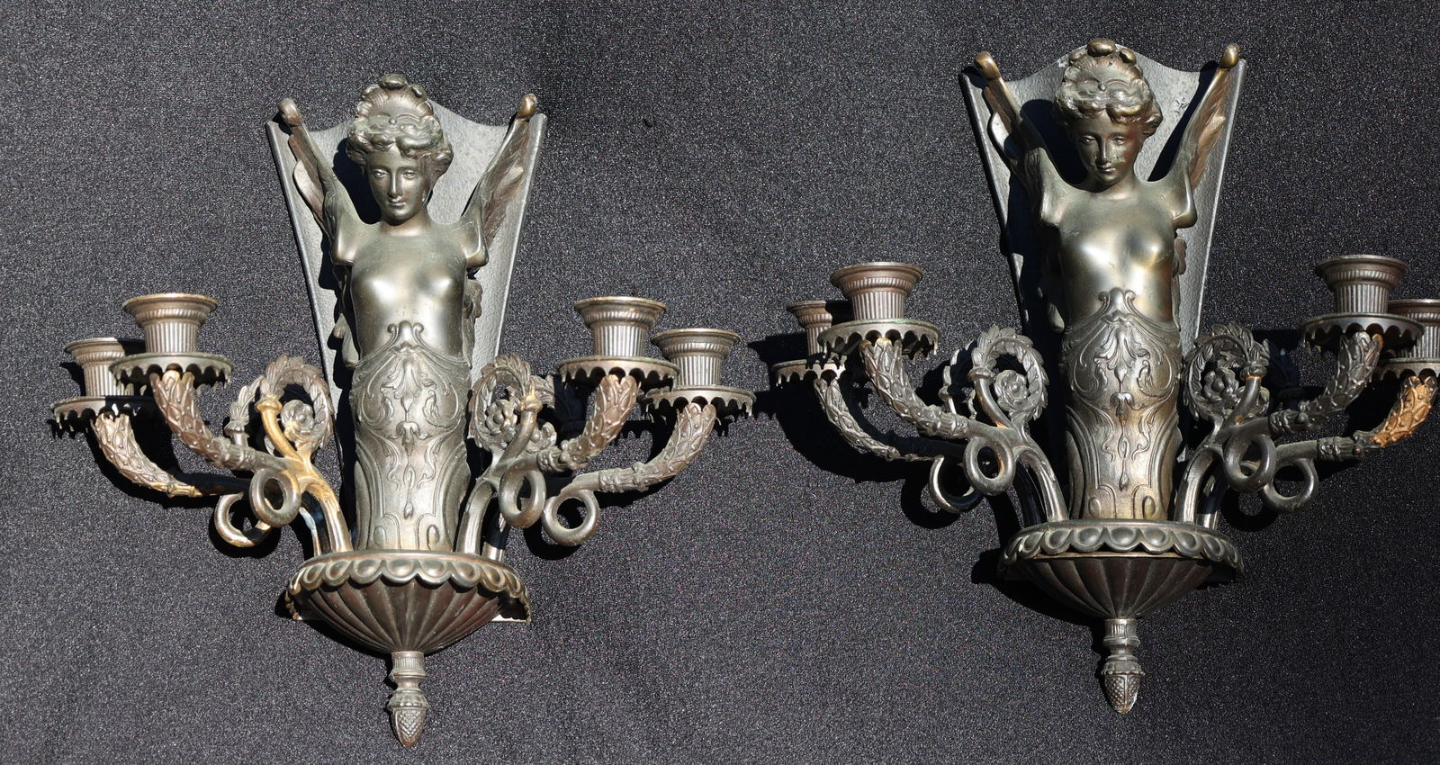 Pair  Rococo Revival Bronze Winged Women 4-Light Wall Sconces, Good Patina (1 of 7)