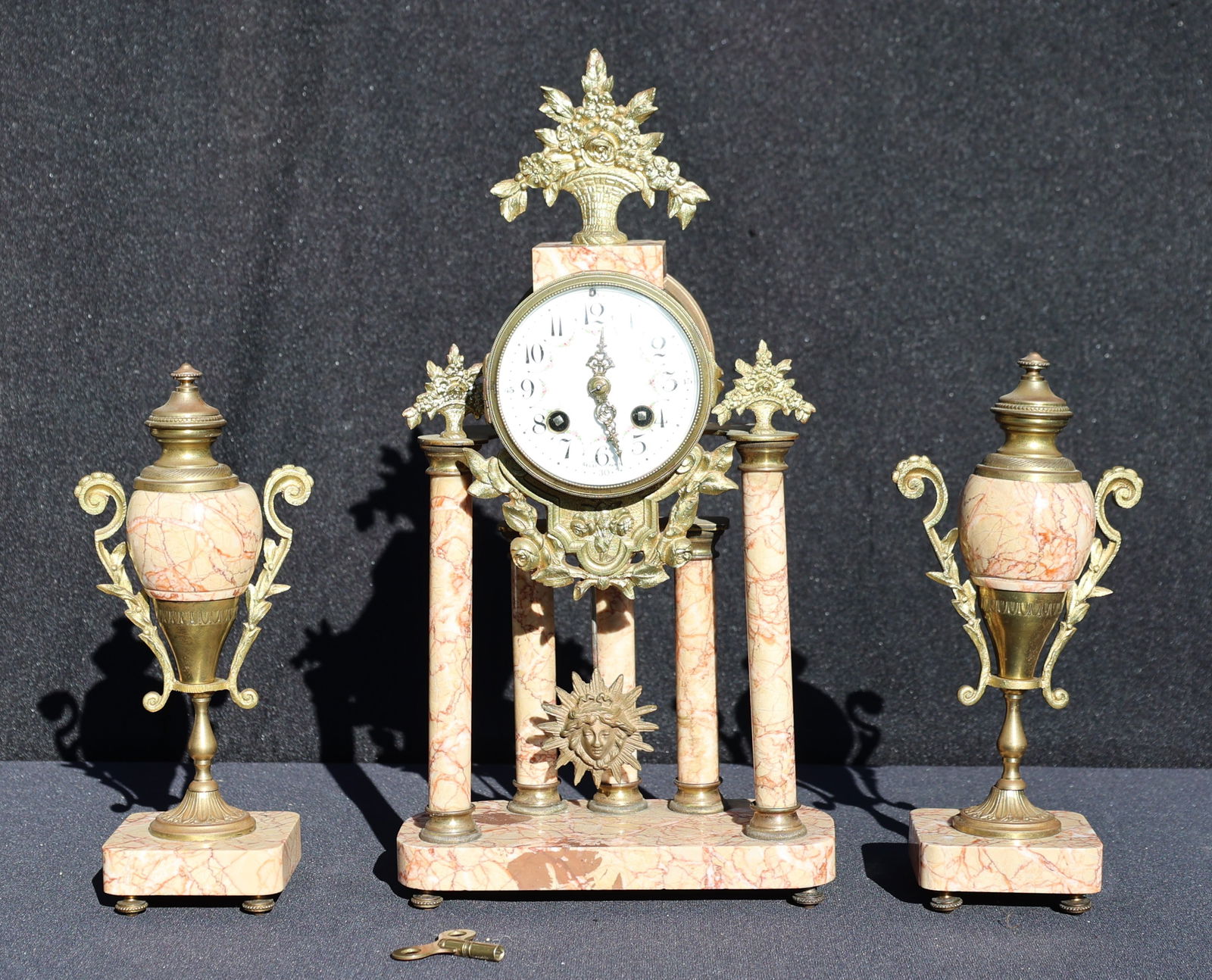 19th C. Antique French Marble and Gilt Bronze Clock Garniture Set, Complete with Pedulum & Key (1 of 8)