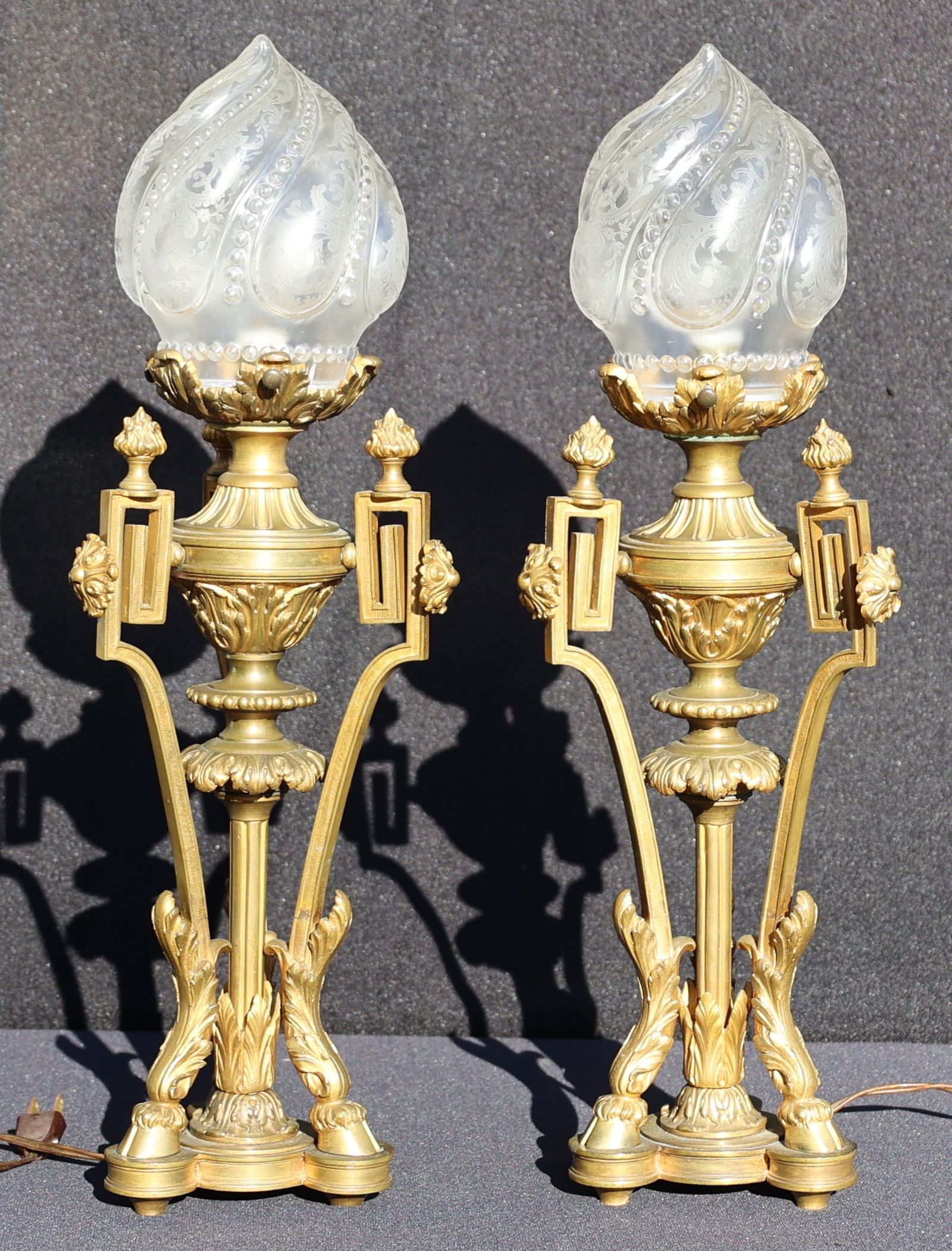 Pair Renassiance Revival Bronze Table Lamps with Hoof Feet, Etched Bullet Shaped Glass Shades (1 of 11)