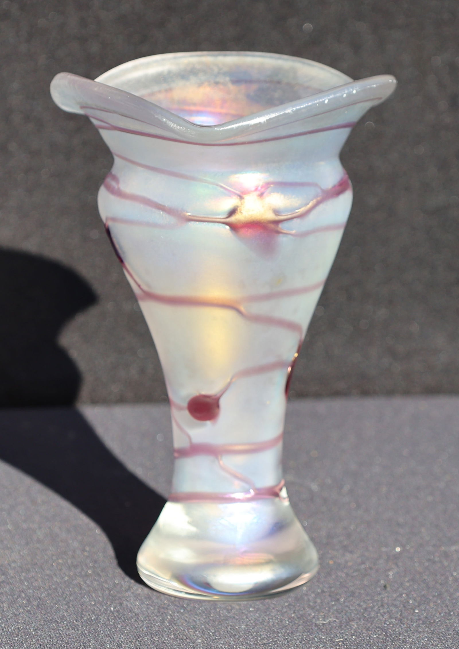 Poschinger Art Nouveau-Style Iridescent Art Glass Vase With Purple Stringing, 8.5 in. Height (1 of 6)