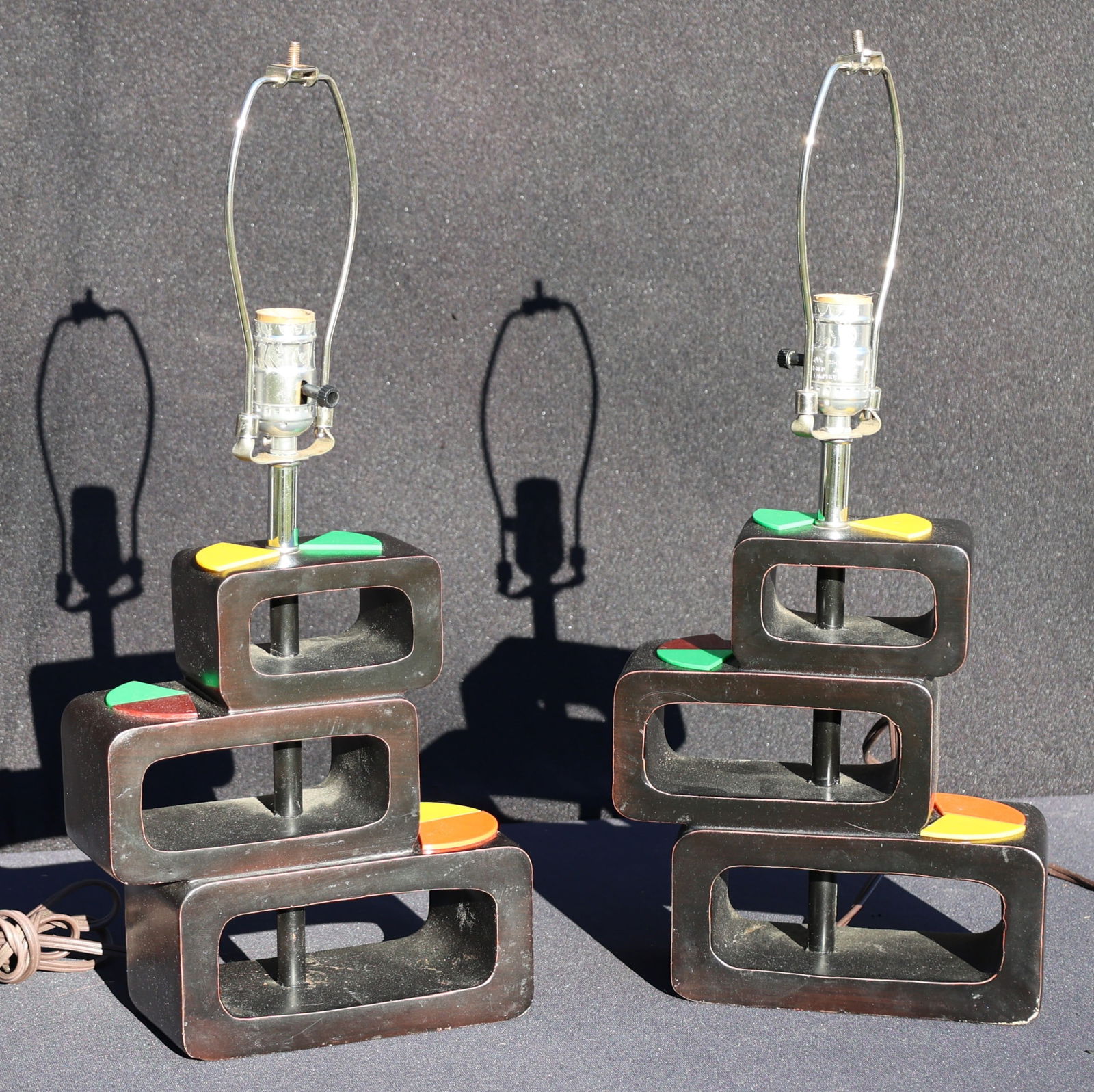 Pair Retro Mid-Century Modern Stacked Block "Orbit" Table Lamps with Applied Colored Accents (1 of 6)
