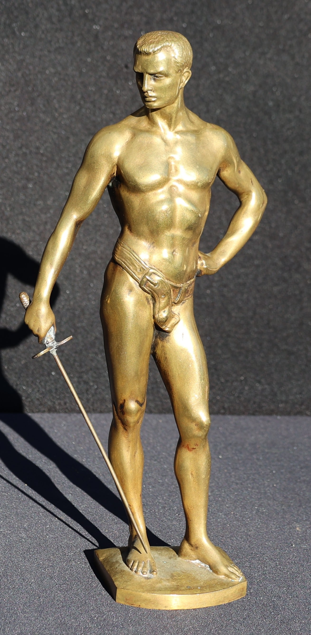 Signed EMILE HENRI, Gilt Bronze Sculpture Of A Male Fencer, Semi-Nude, Athletic Male Holding Sword (1 of 8)