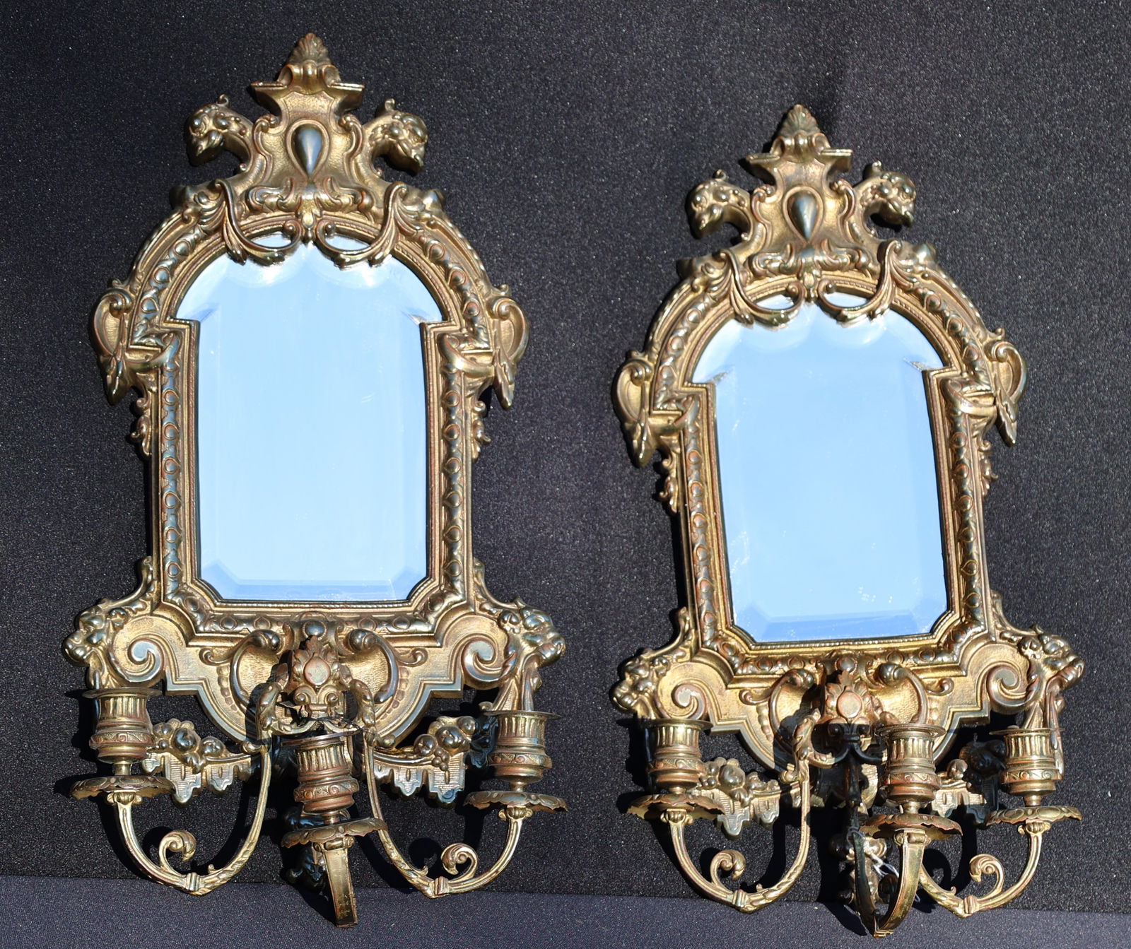 Pair 19th C.  Ornate Gilded Bronze Wall Mirrors With Integrated Candle Sconces., Bevelled Mirrors (1 of 8)