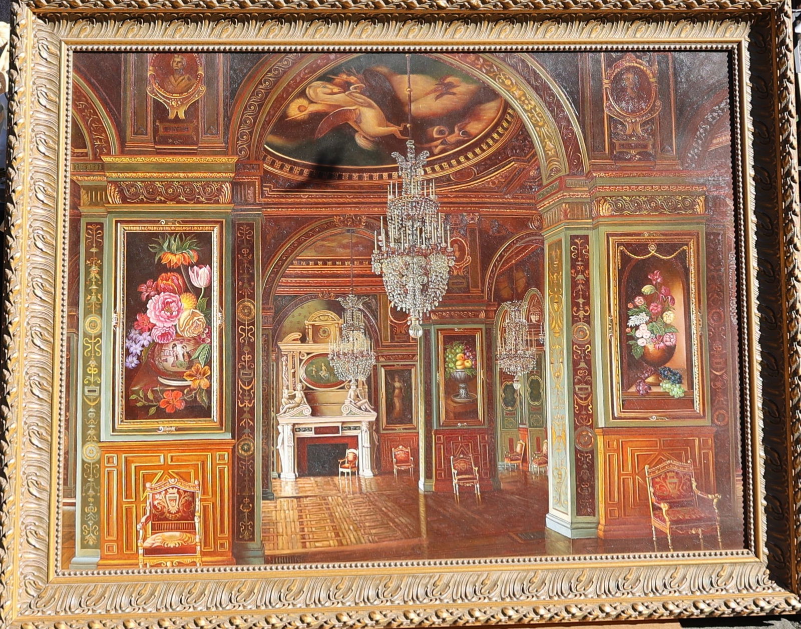 Large Framed Oil on Canvas Painting, Interior Scene Of A Beautiful Mansion (1 of 5)