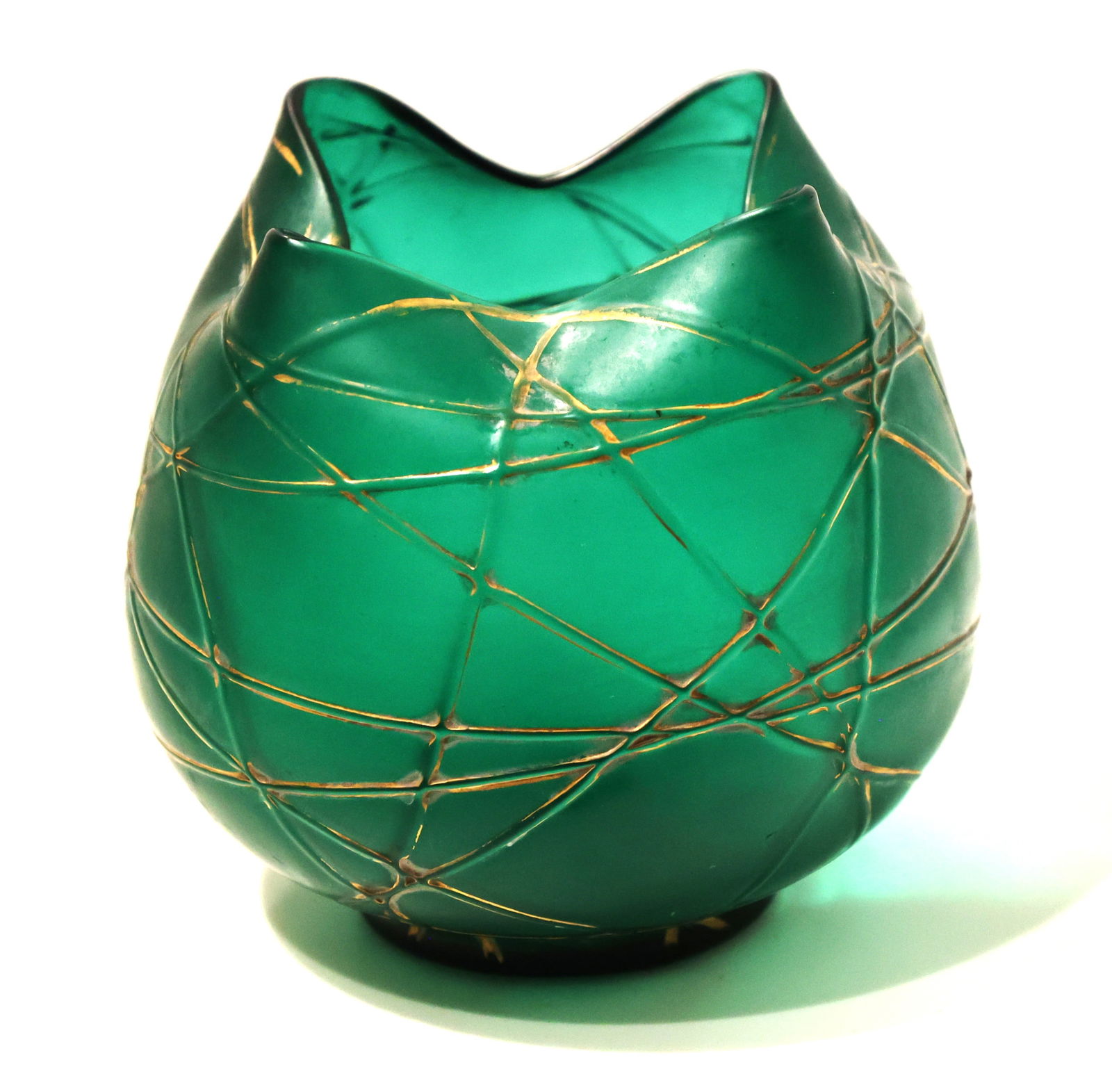 Green Loetz Vase with Veins and Shaped Rim, Pontil Mark on Base 5 in. x 5 in.: Green Loetz Vase with Veins and Shaped Rim, Pontil Mark on Base 5 in. x 5 in.