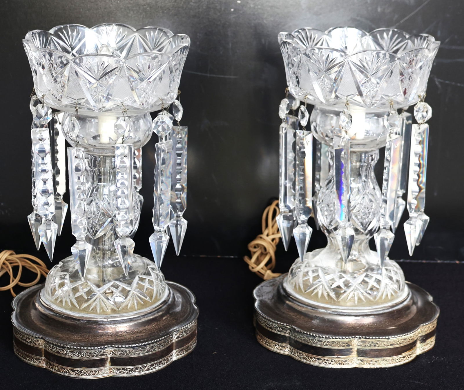 Fabulous Pair of Victorian Cut Crystal Mantle Lustres, Electrified, Mounted on Silver Plate Bases (1 of 5)