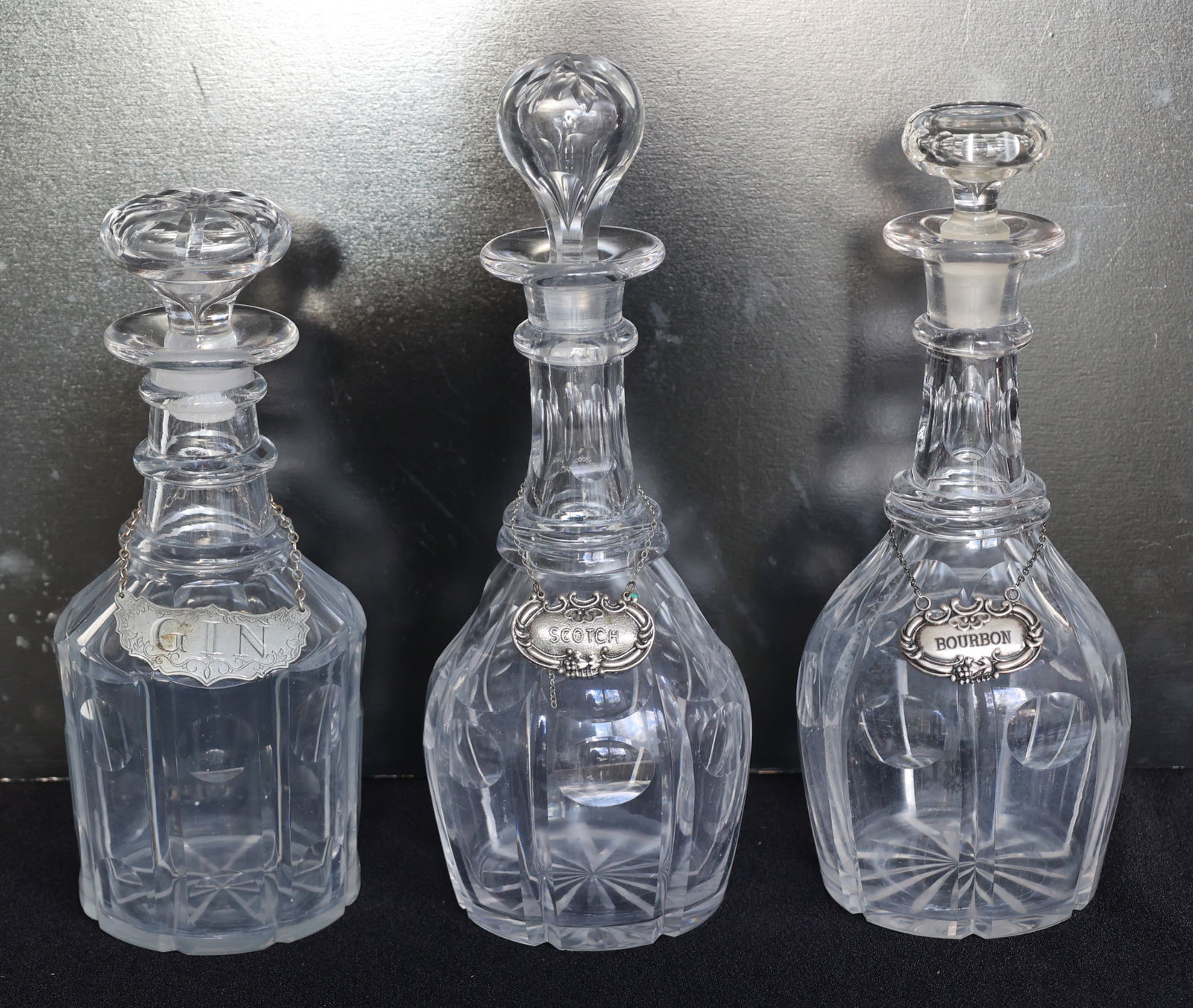 3 Liquor Decanters Crystal Glass with Stoppers and Sterling Tags GIN, SCOTCH And BOURBON (1 of 7)