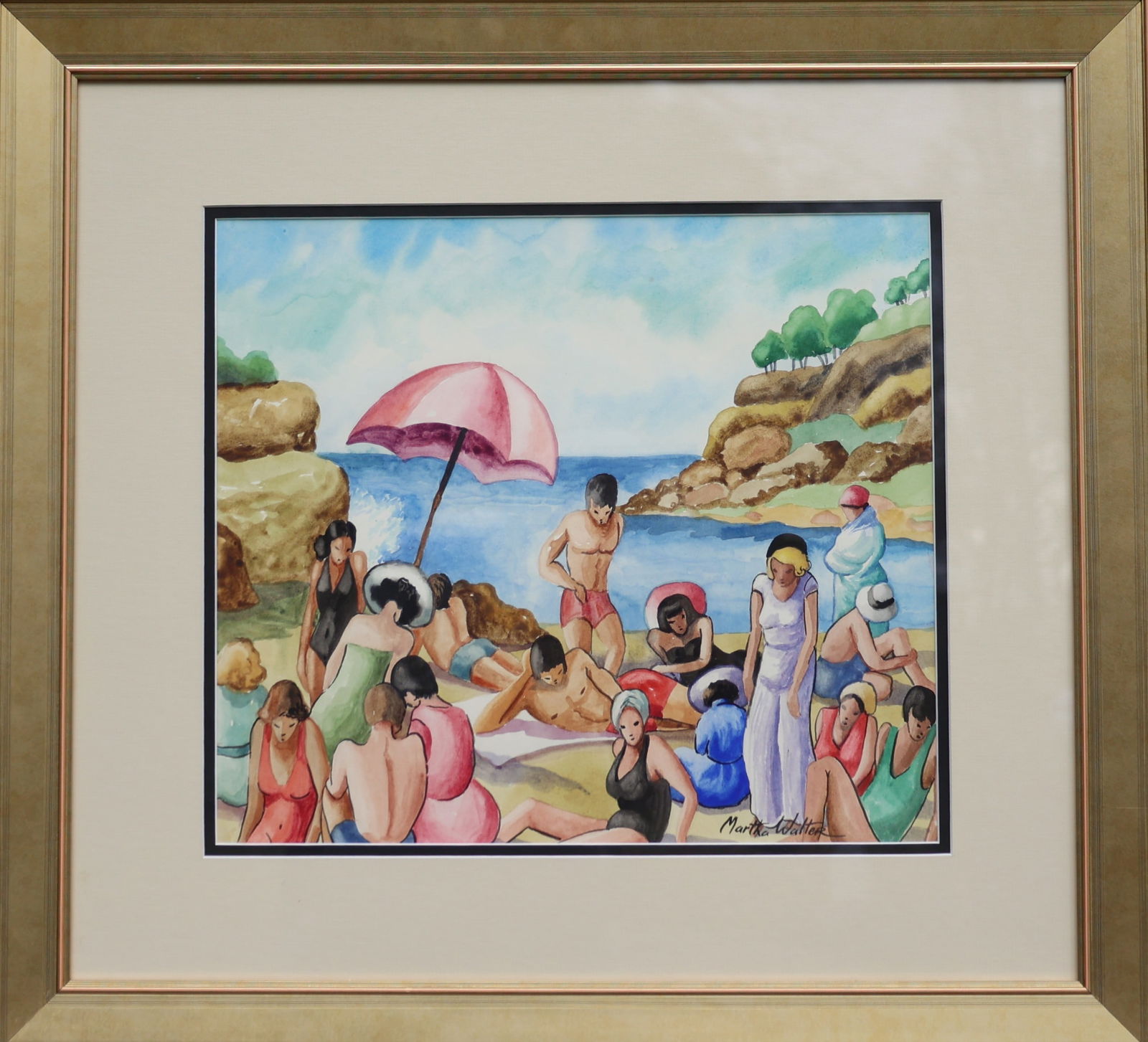 Martha Walter (1875 - 1976) , Watercolor Painting, Figures At The Beach, Signed, Framed (1 of 4)