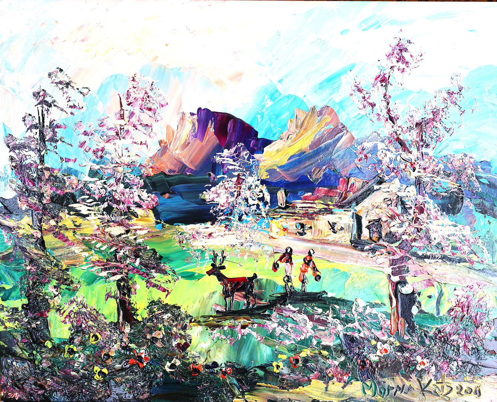 Morris Katz 2011, Large Size Acrylic Painting, Chalet Atop The Catskill Mountains, Great Colors: Morris Katz 2011, Large Size Acrylic Painting, Chalet Atop The Catskill Mountains, Great Colors, Jewish American Artist, Well Listed. Signed and Dated, Framed, Morris Katz information on verso. Size: