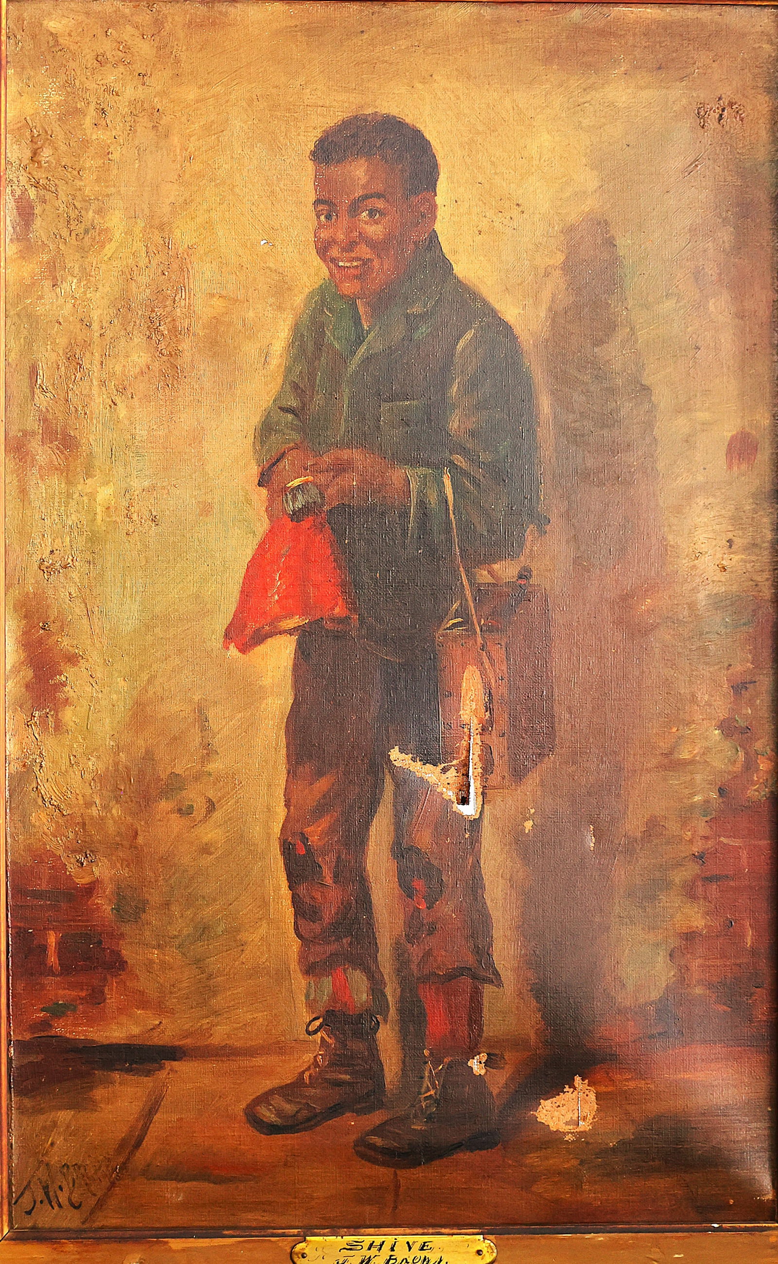 J W BROWN, Circa 1900 Oil on Canvas Painting "Shive", Negro Boy Shoe Shine Portrait (1 of 10)