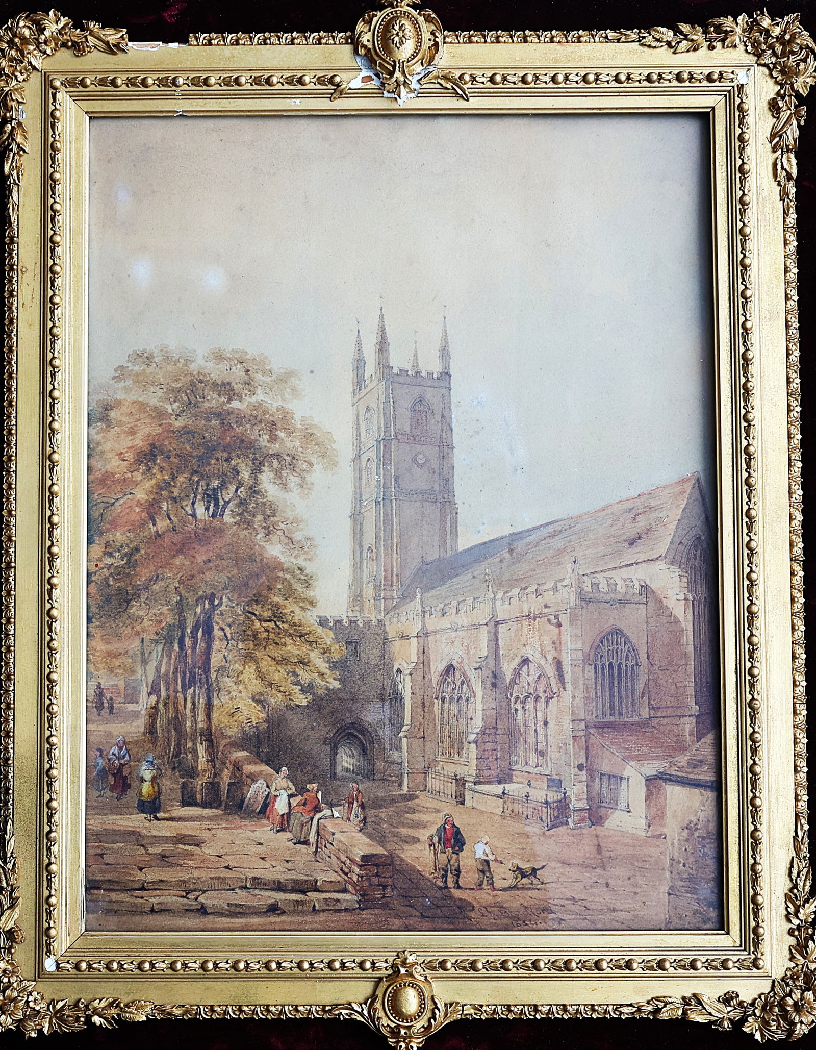 S K BRADFORD 1852, Fine Watercolor Cathedral Courtyard With Figures, Original Framing (1 of 9)