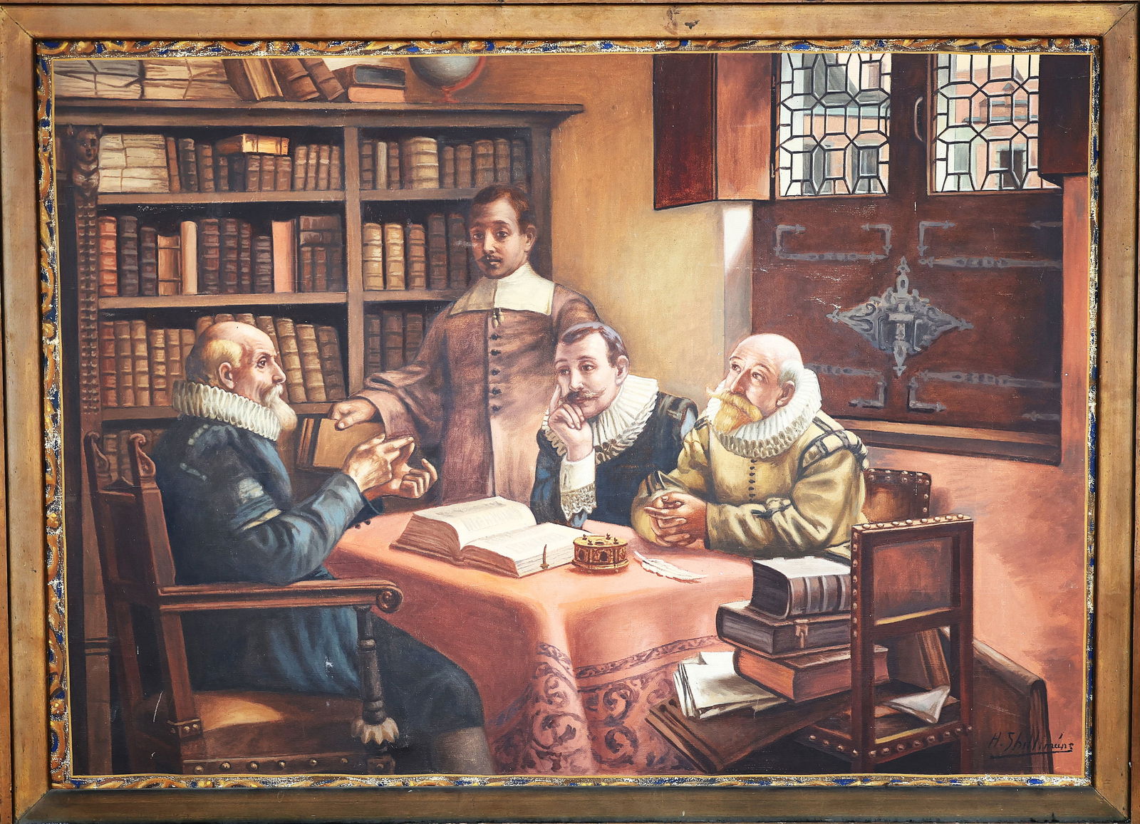 H Shillimans, Circa 1910, Large Size Oil on Canvas Painting Scoloars at Table in Conversation (1 of 8)